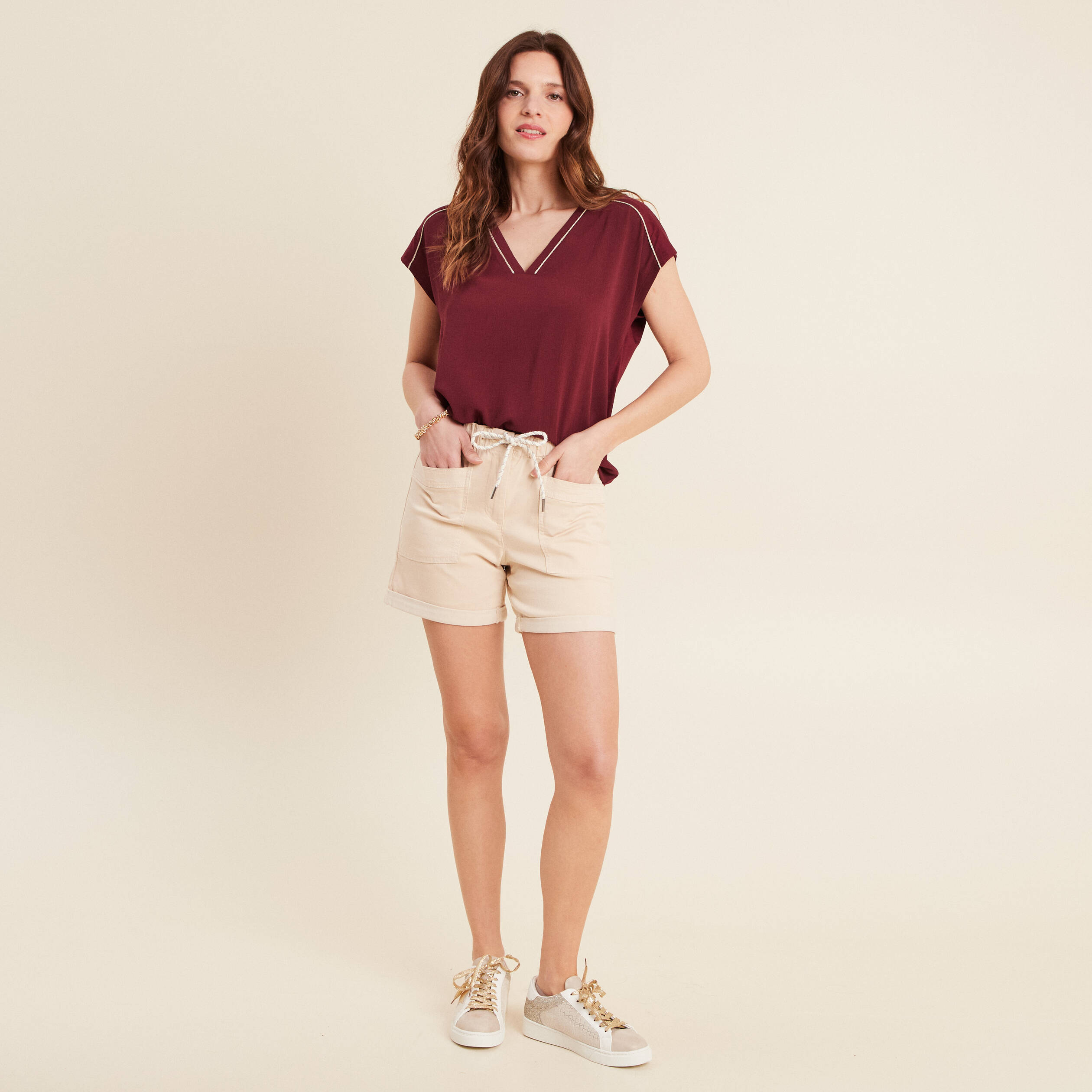 short droit taille elastiquee ivoire femme Short droit taille élastiquée ivoire femme