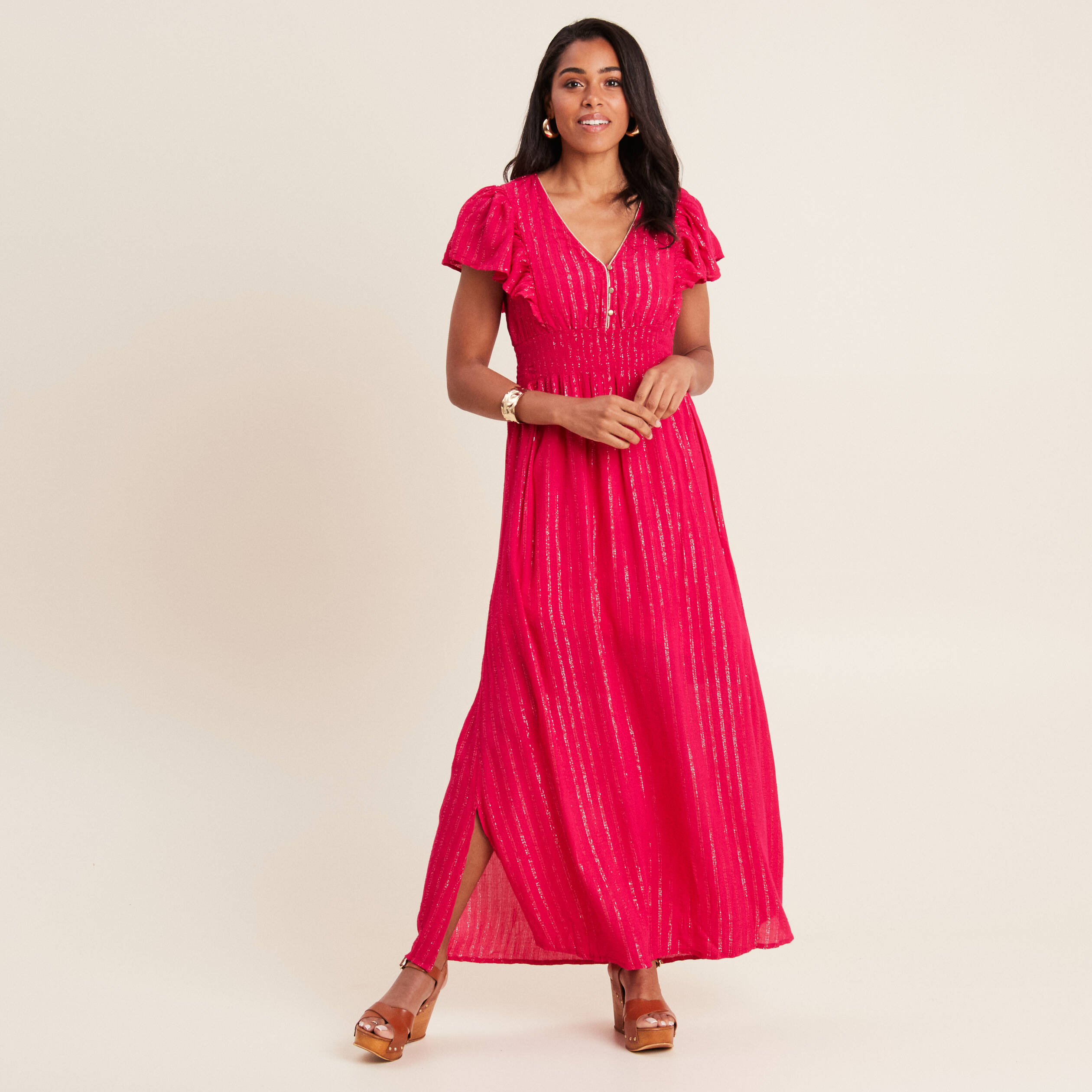 Robe longue droite fluide rose fushia femme