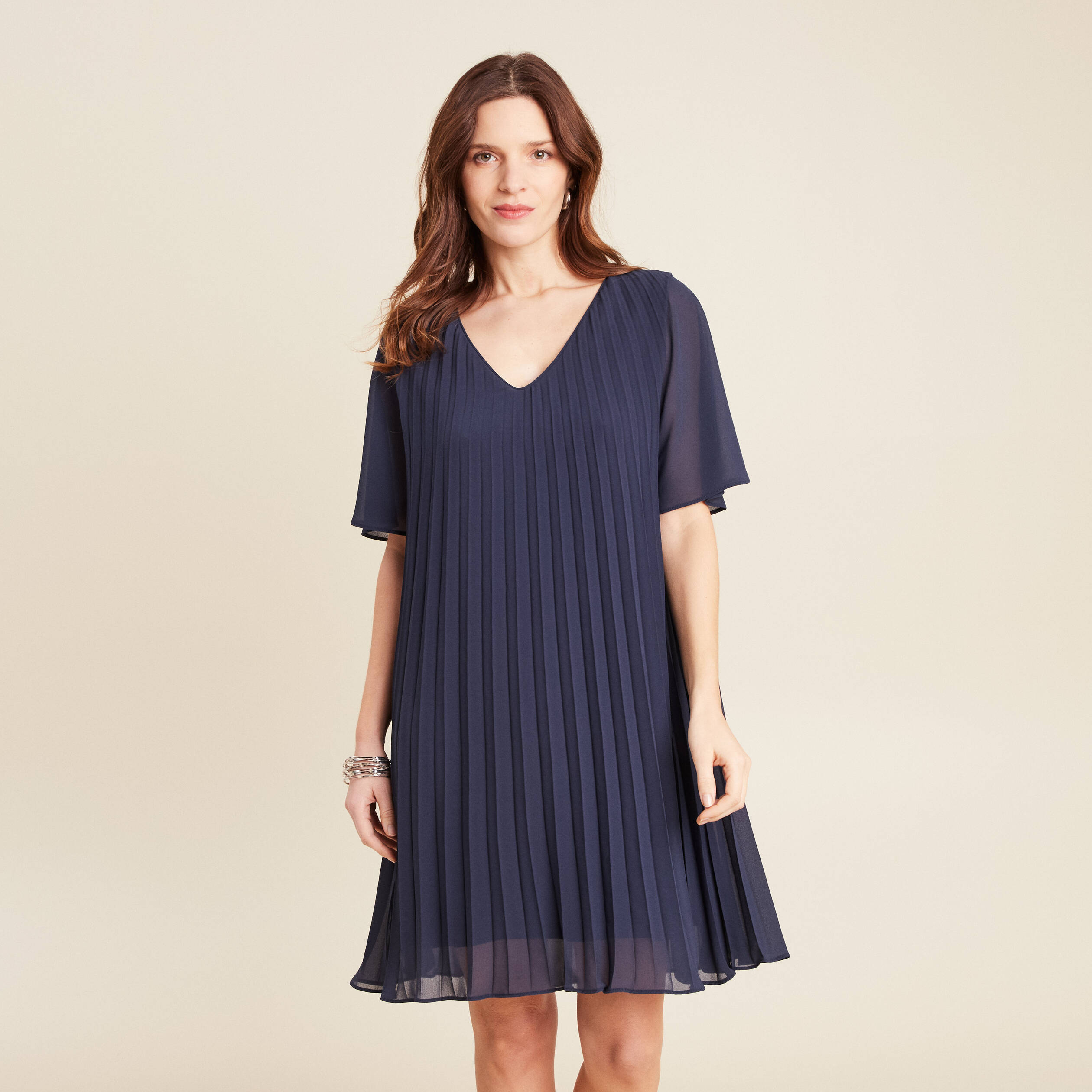 Robe droite plissée bleu marine femme