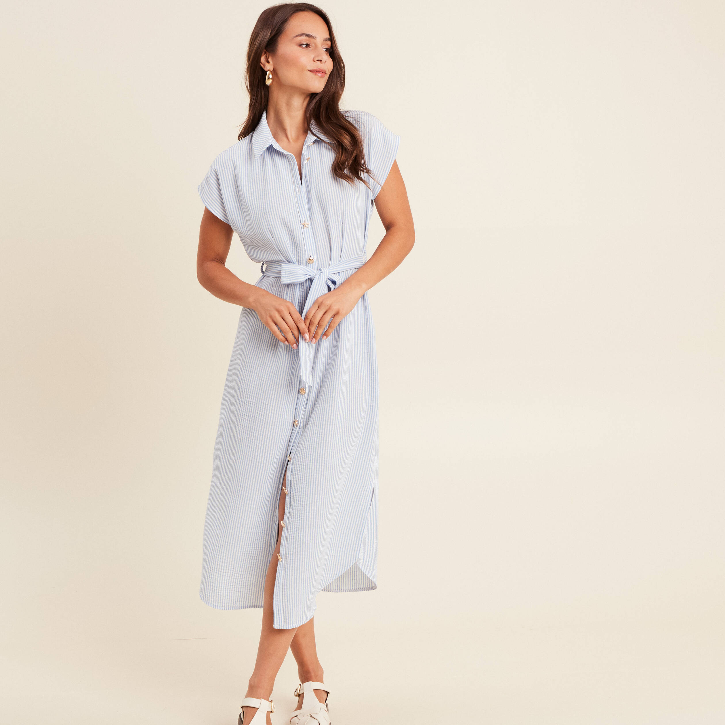 robe longue droite col chemise bleu femme Robe longue droite col chemise bleu femme