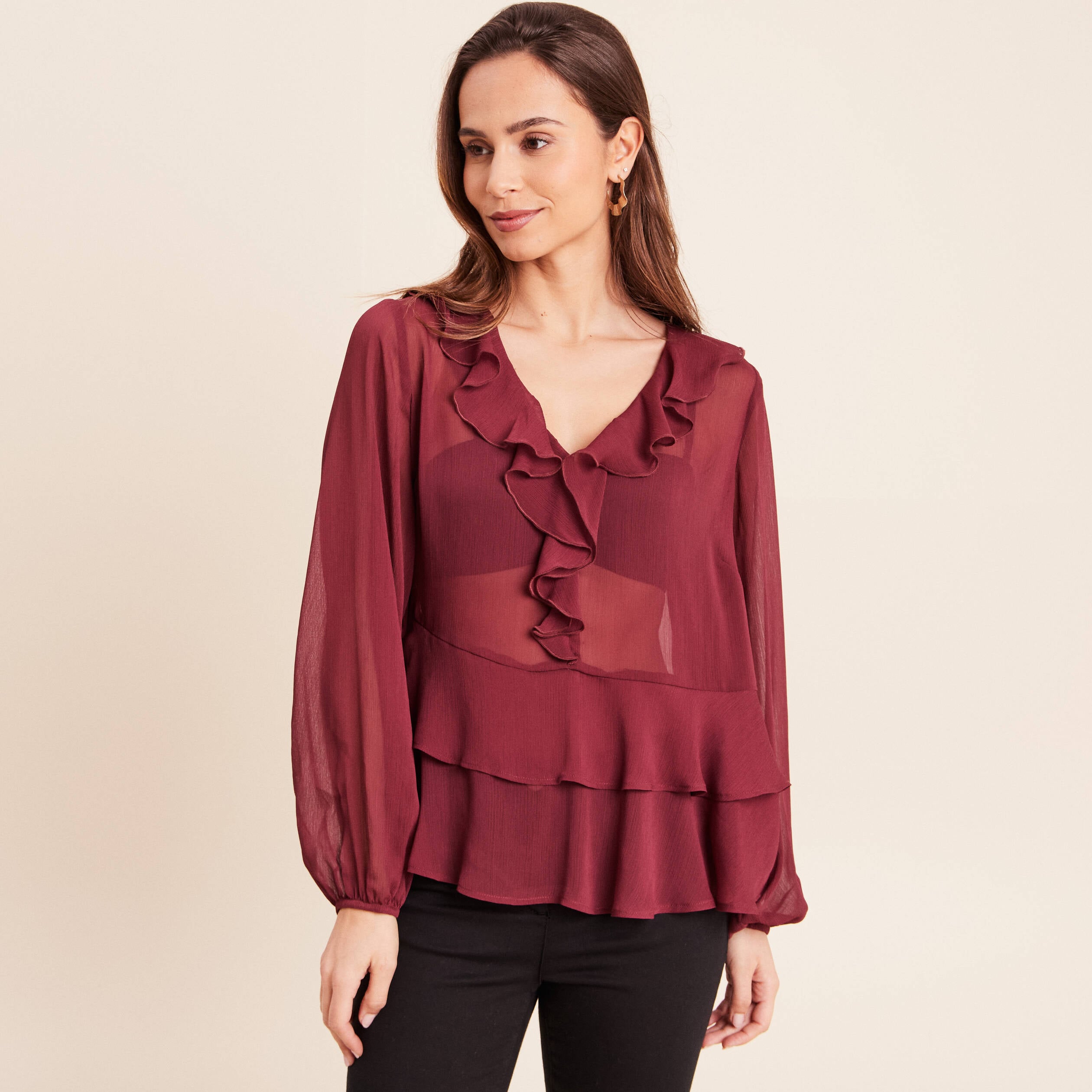 Blouse ample en voile manches longues prune femme