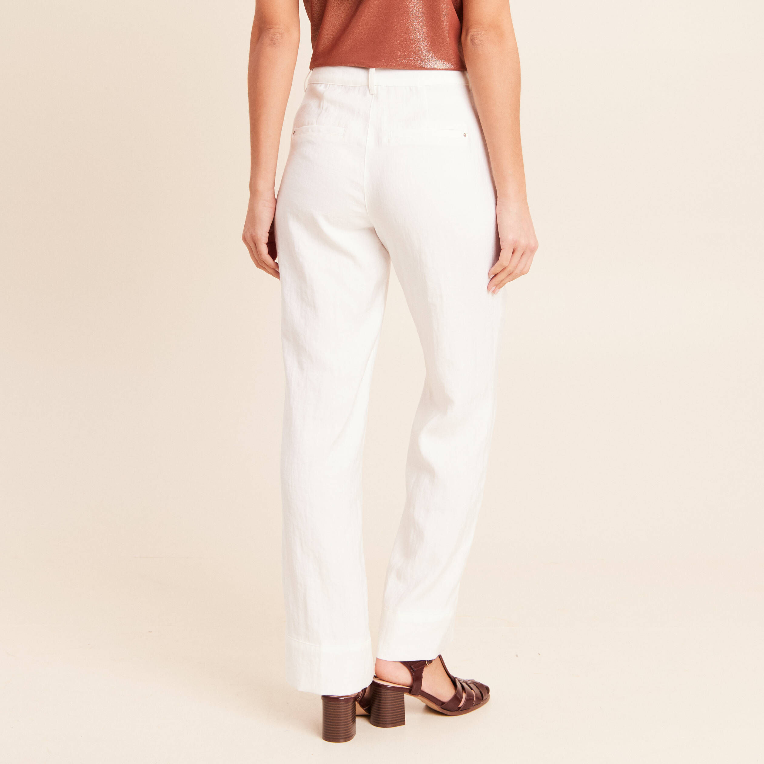 Pantalon coupe droite taille haute ecru femme