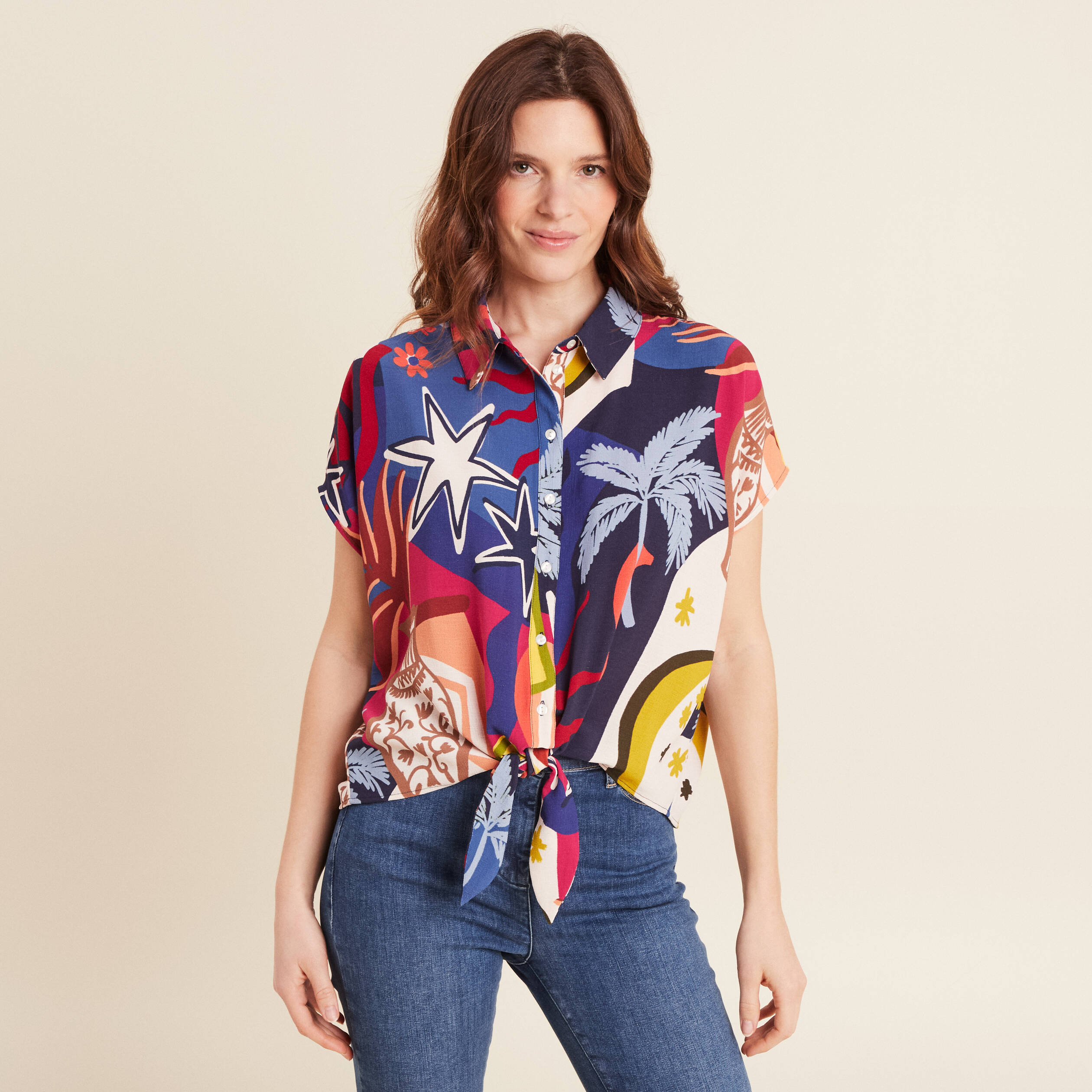 Chemise manches courtes nouée bleu femme