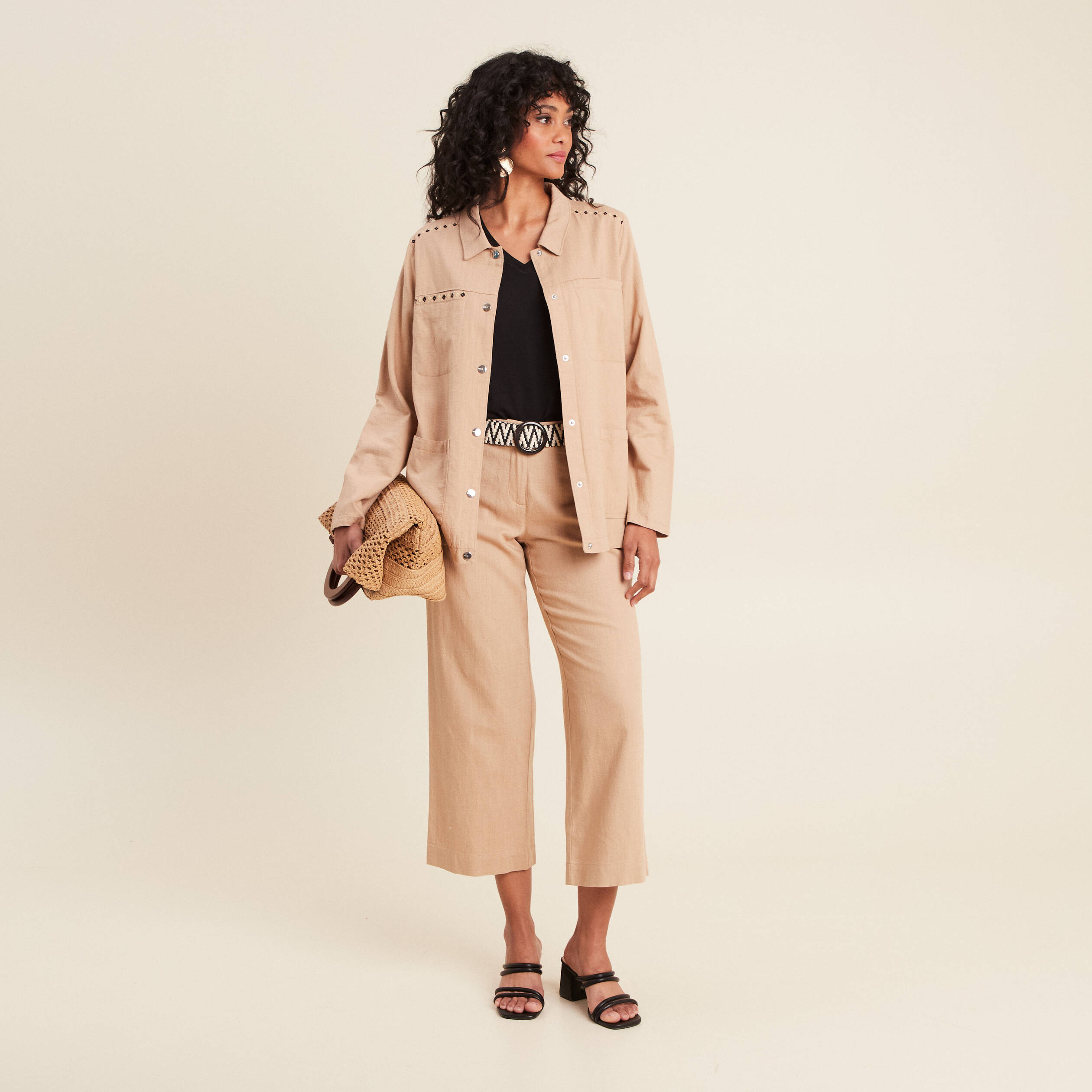 Pantalon large 7/8ème ceinturé sable femme