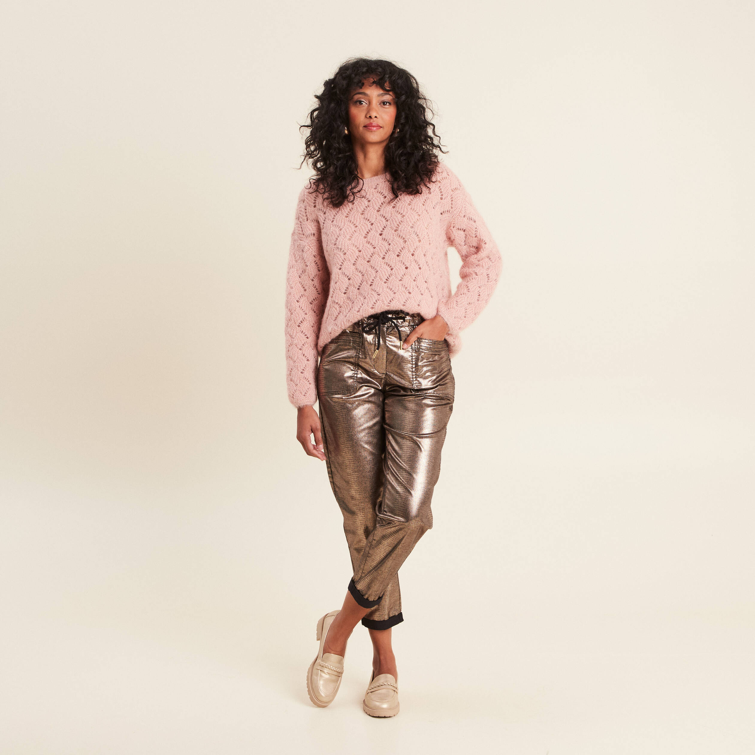 Pull manches longues ajour&eacute; vieux rose femme