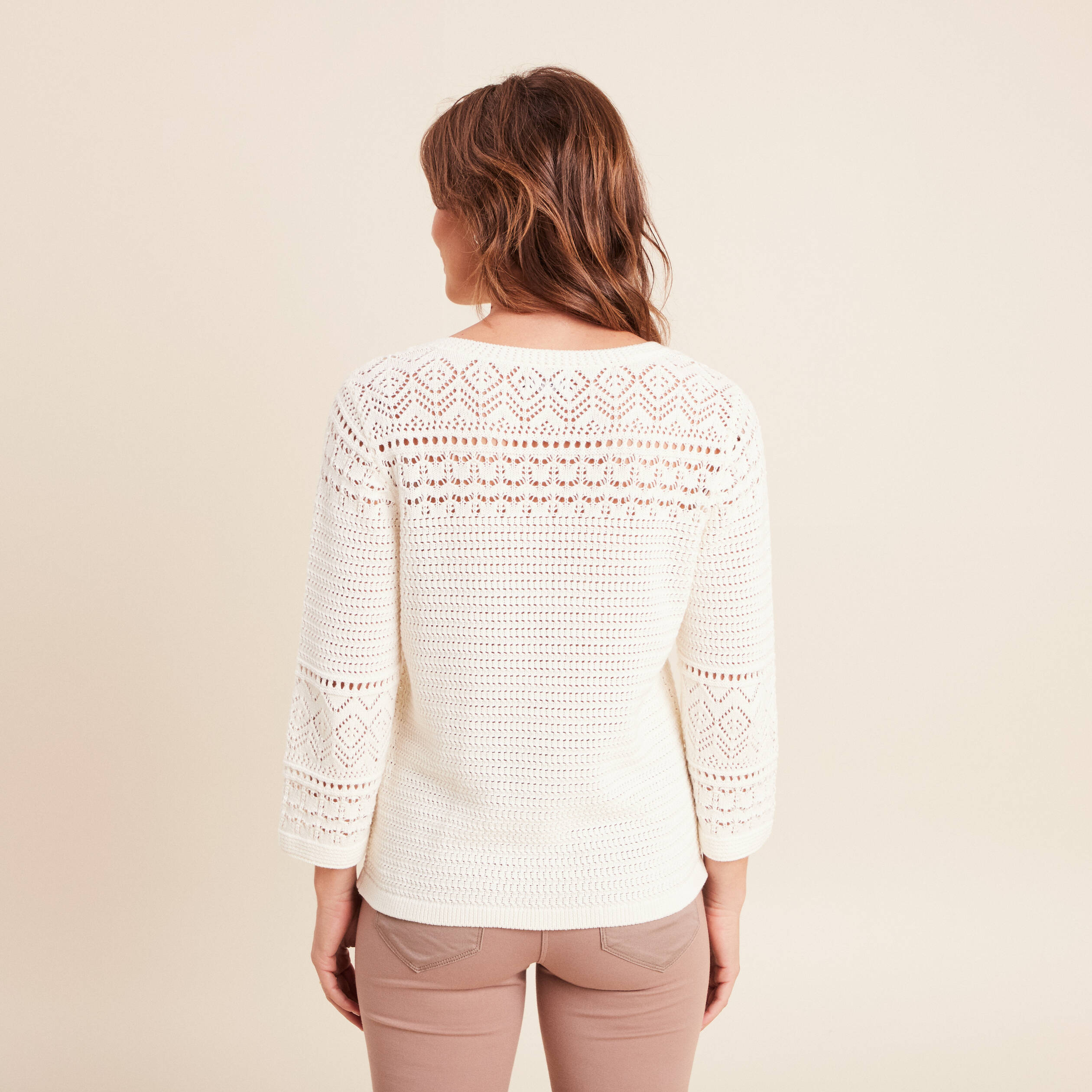 Pull col tunisien manches 3/4 ecru femme