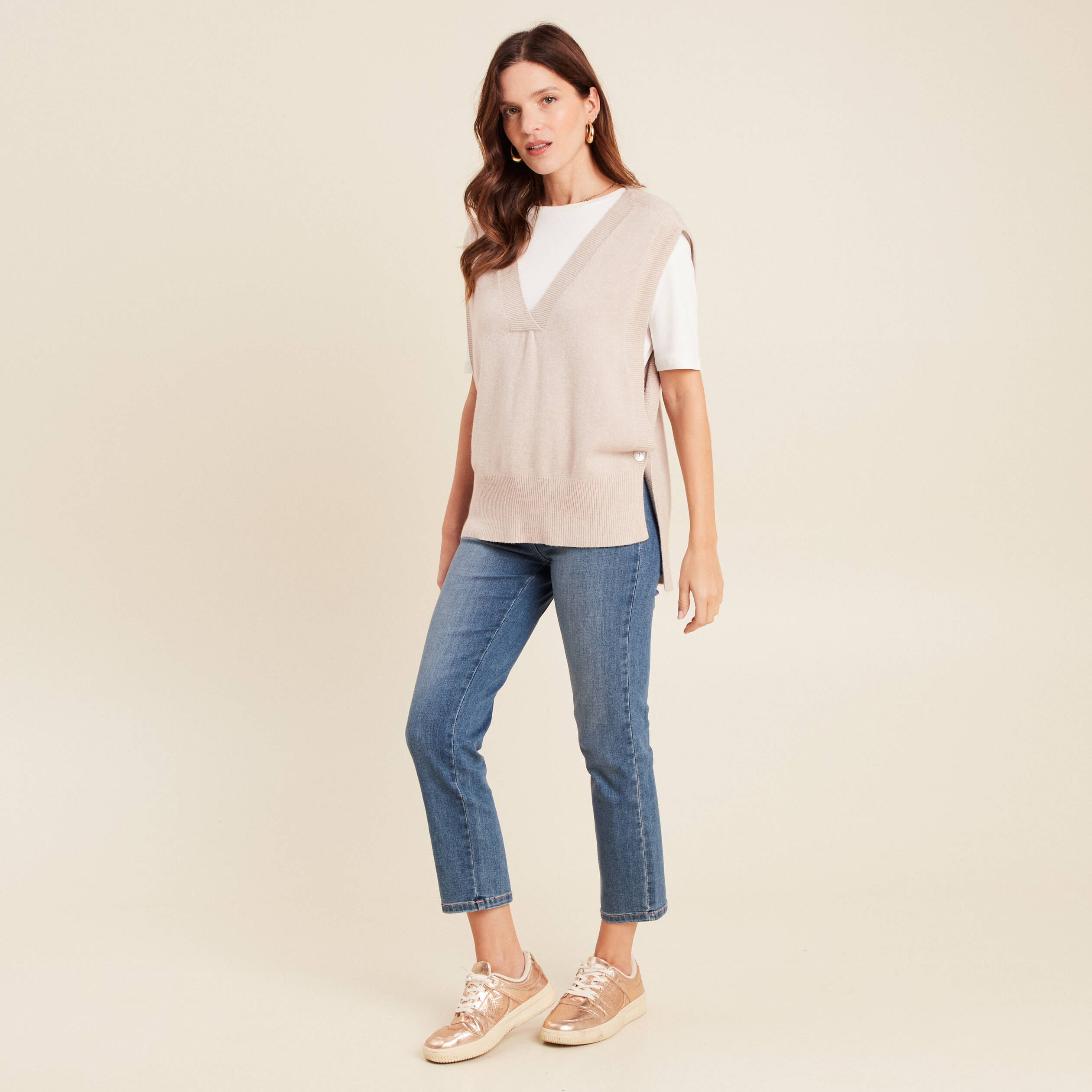 Pull sans manches creme femme