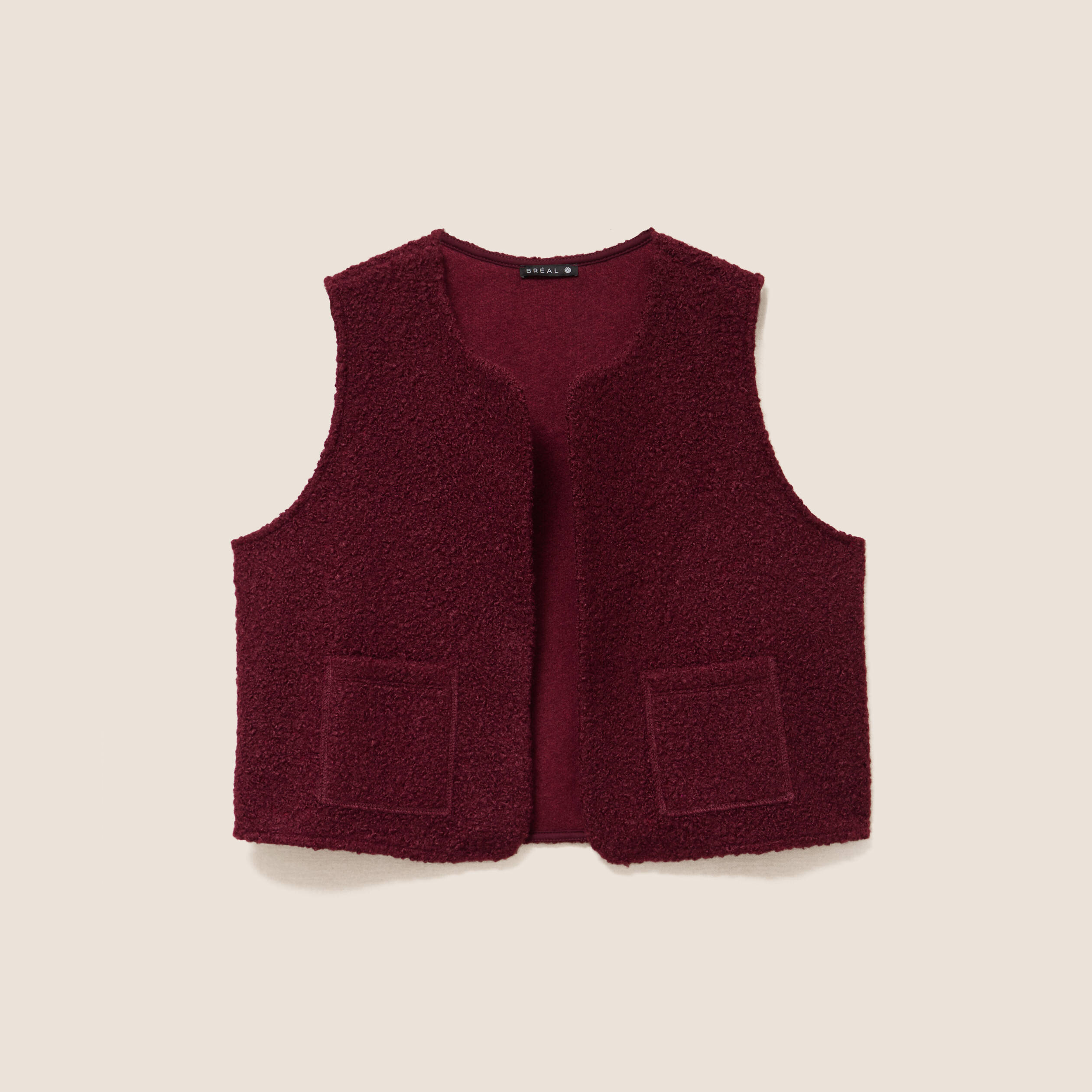 Gilet sans manches bouclette poches bordeaux femme