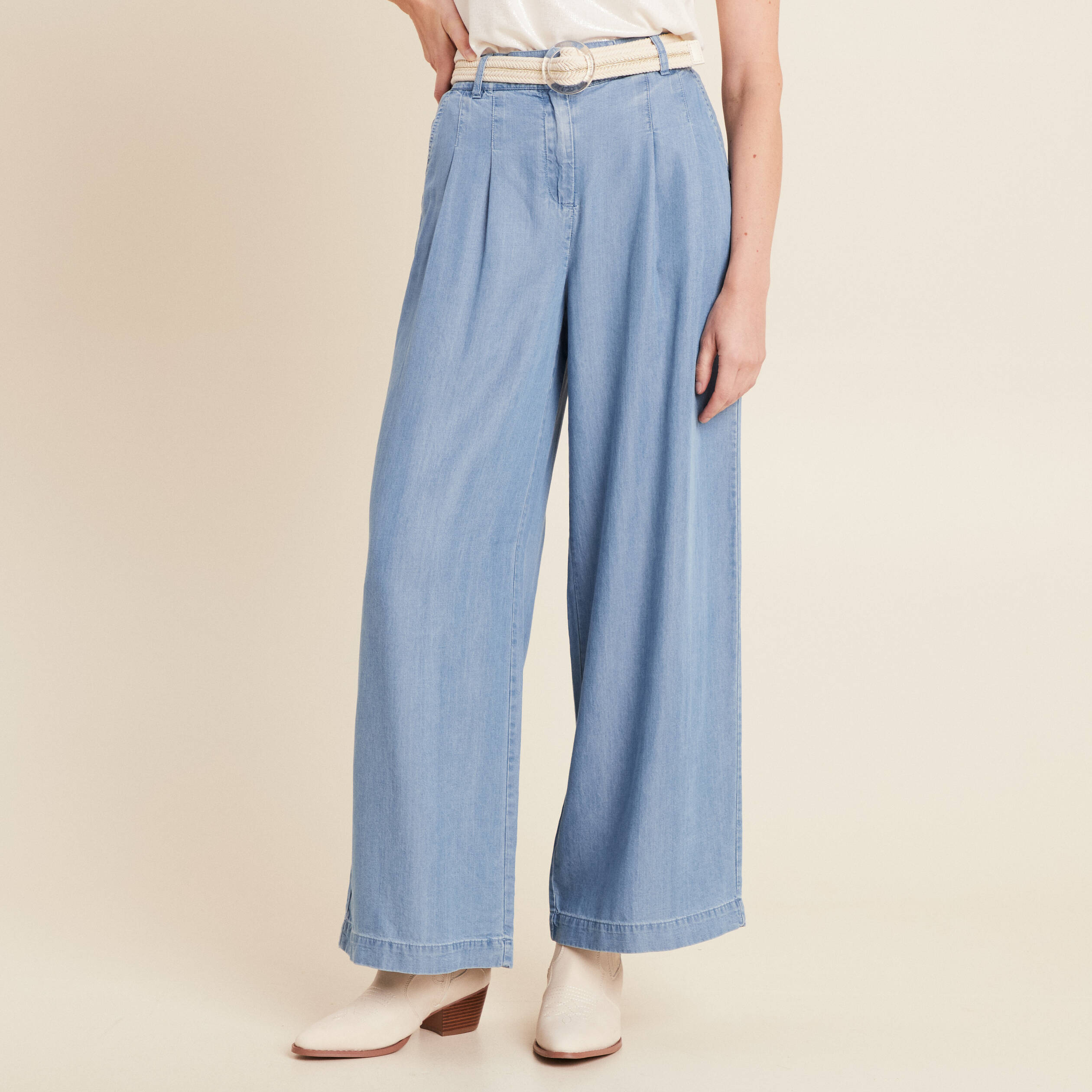 Pantalon large taille haute denim double stone femme