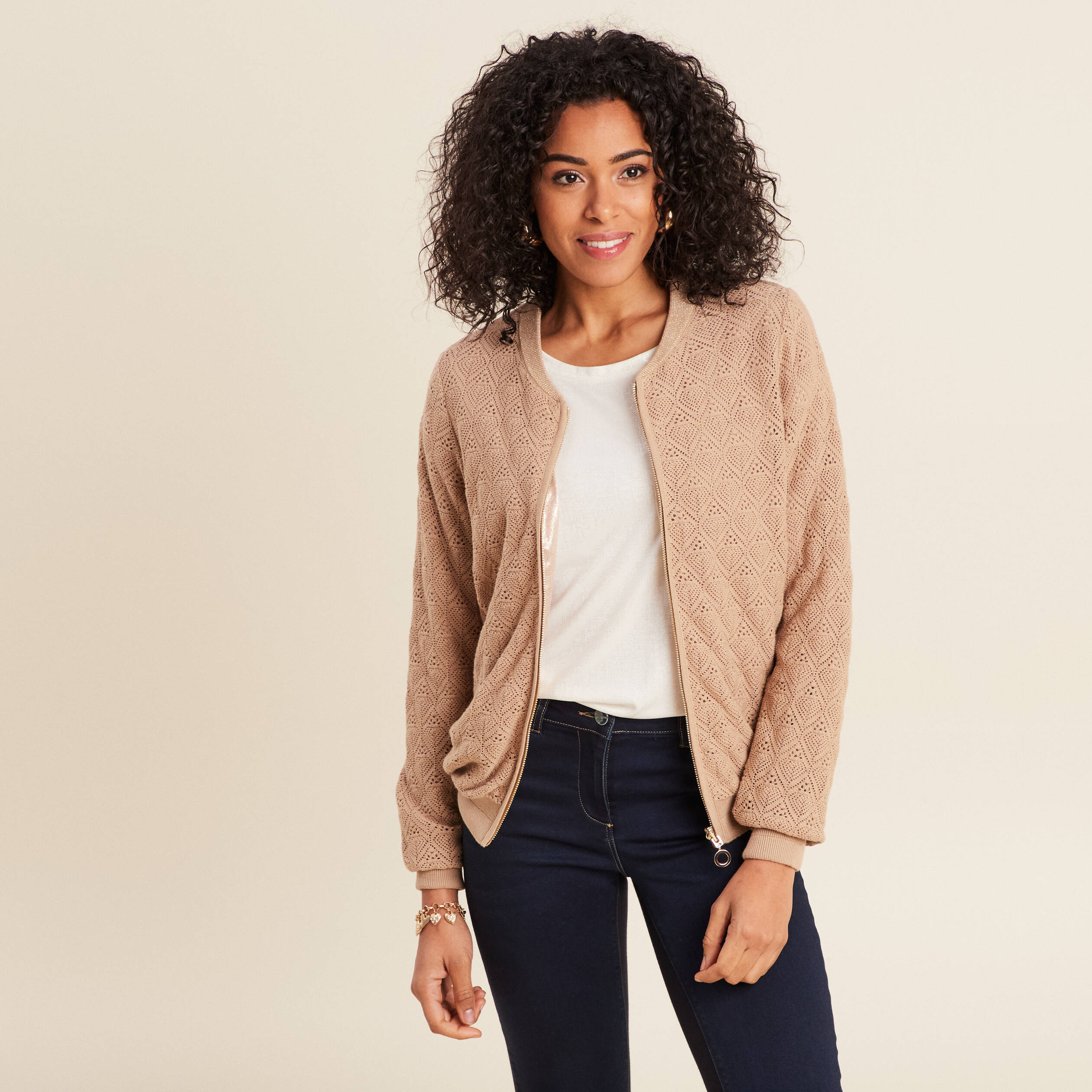 Gilet r&eacute;versible ajour&eacute; sable femme