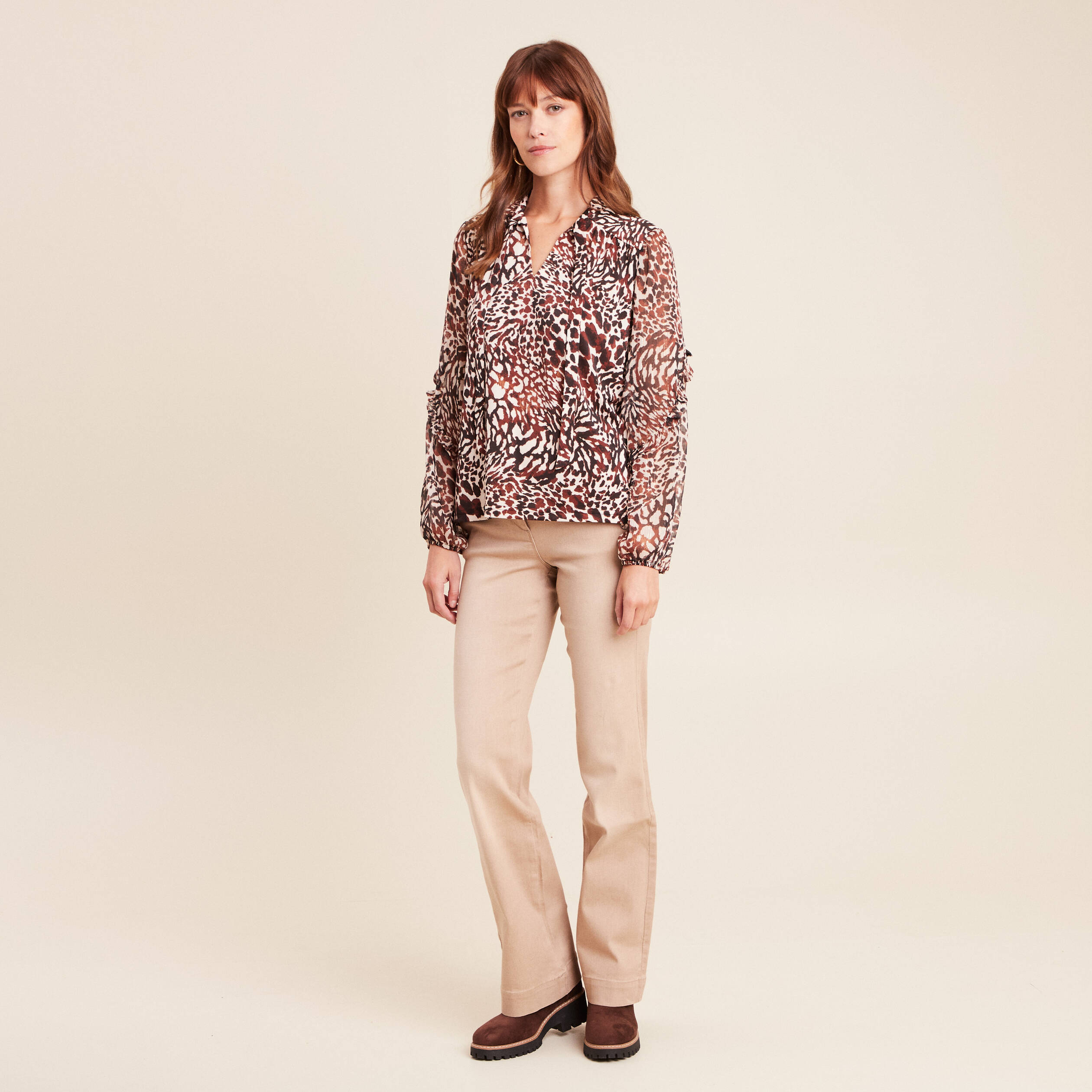 T-shirt manches longues col nou&eacute; marron femme