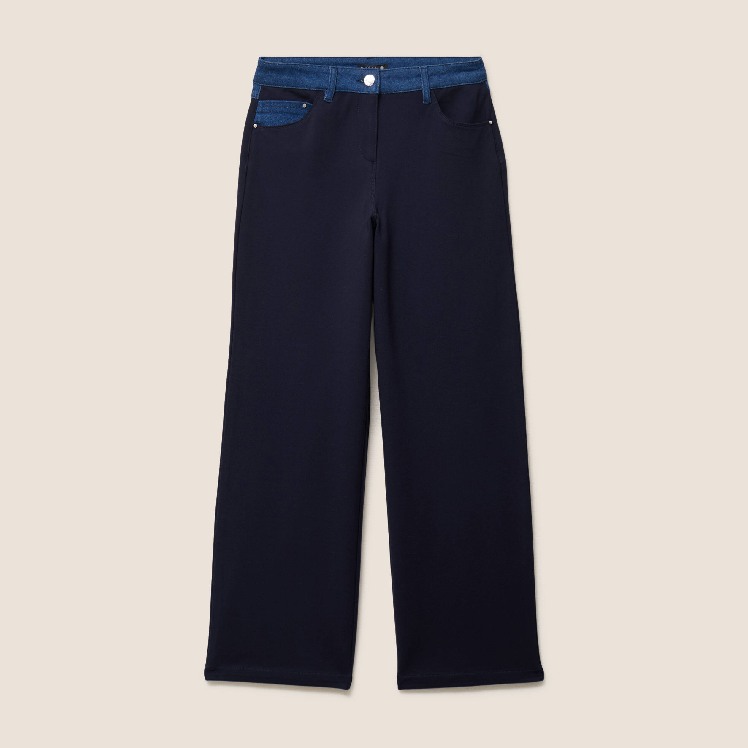 Pantalon large bi-mati&egrave;re bleu fonc&eacute; femme