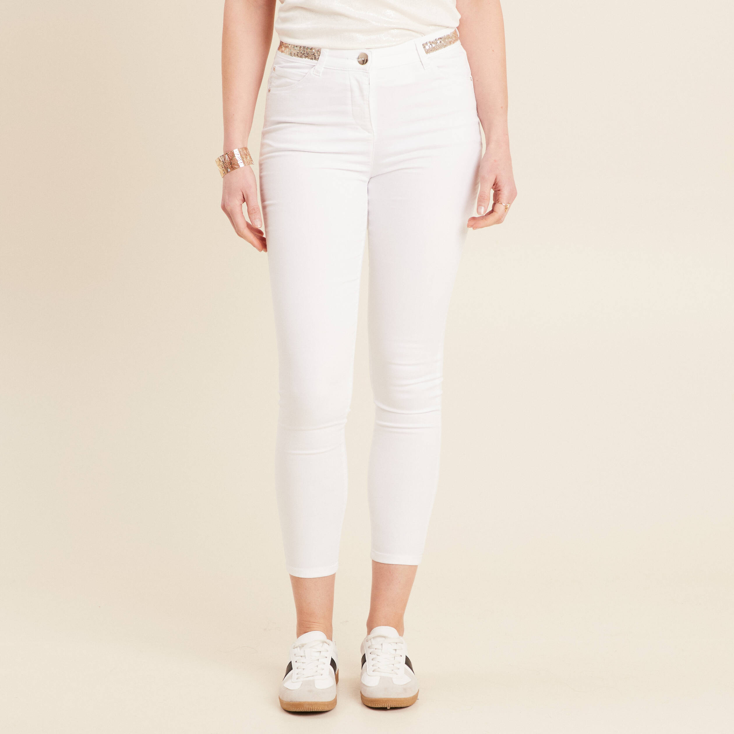 Pantalon ajusté sequins blanc femme