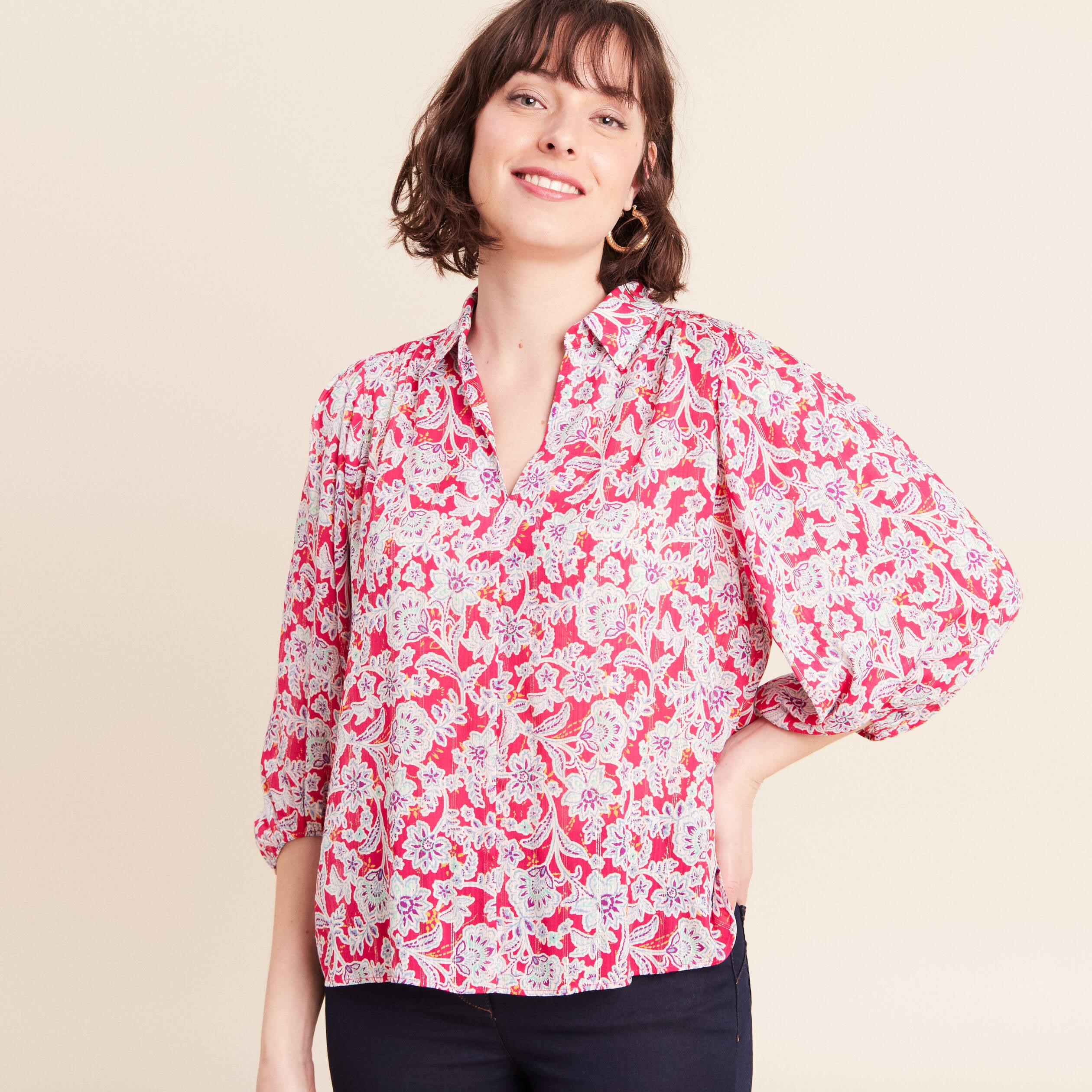 Blouse ample col chemise manches 3/4 rose femme