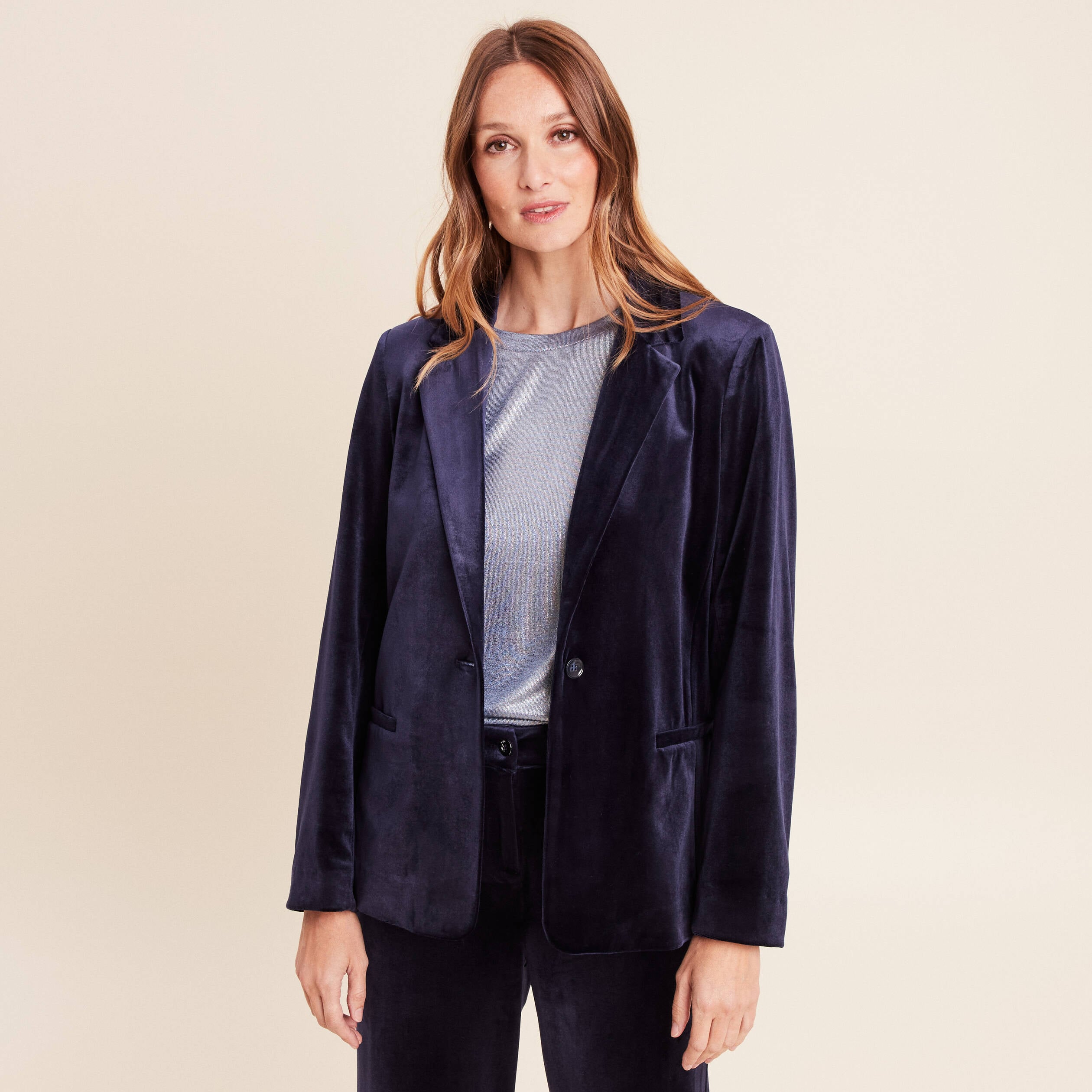 Veste velours manches longues doubl&eacute;e bleu marine femme