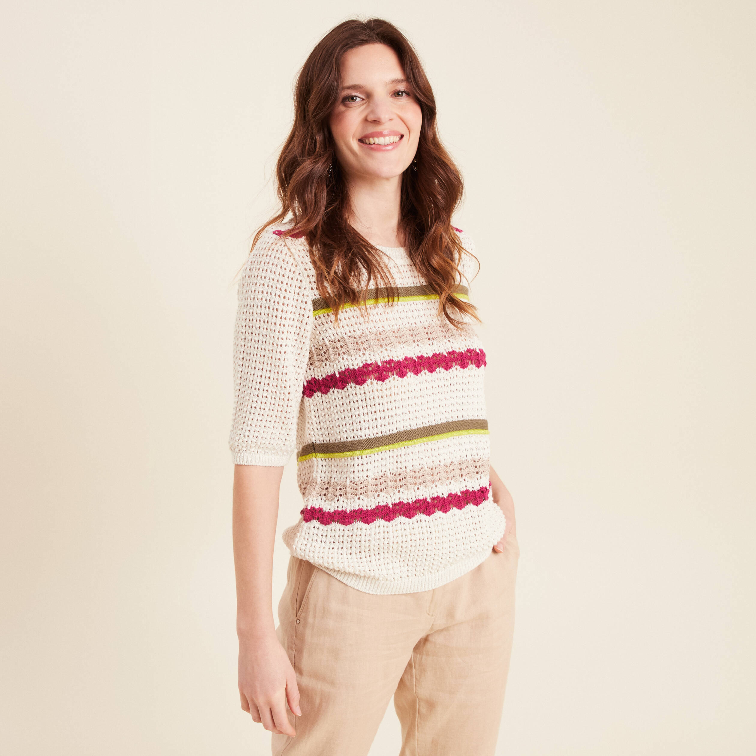 Pull dentelle col bateau multicolore femme