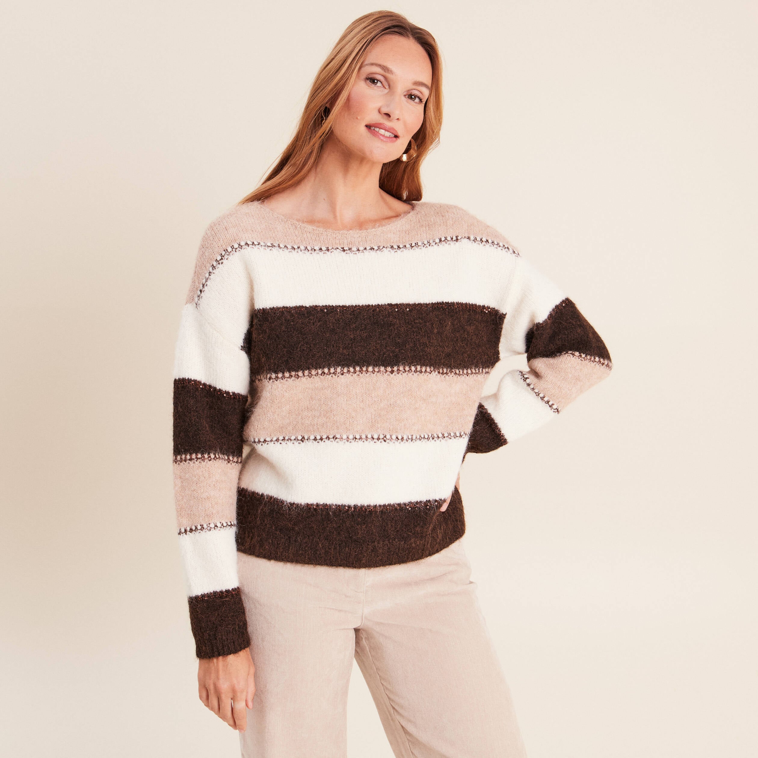 Pull col bateau marron femme