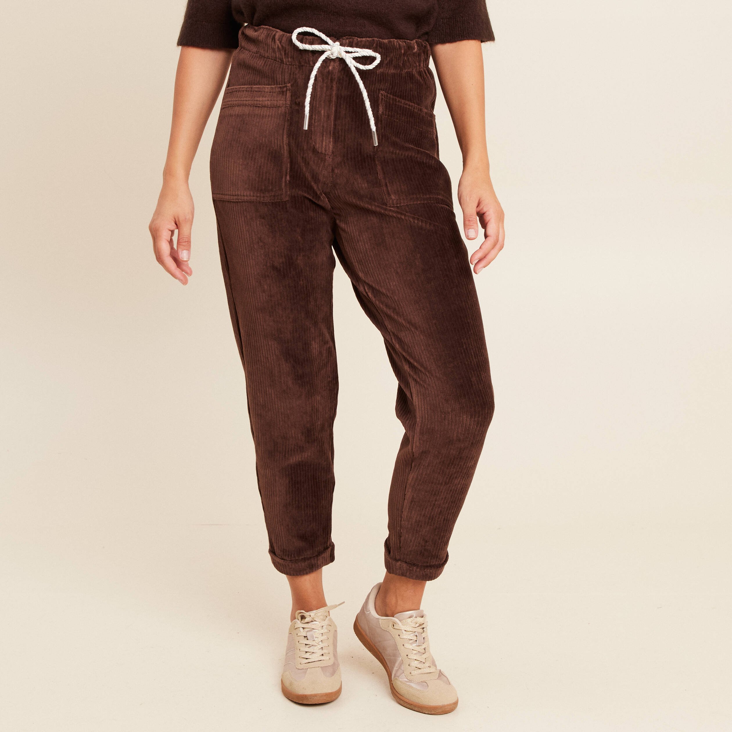 Pantalon paperbag velours marron femme Bréal - Main Image