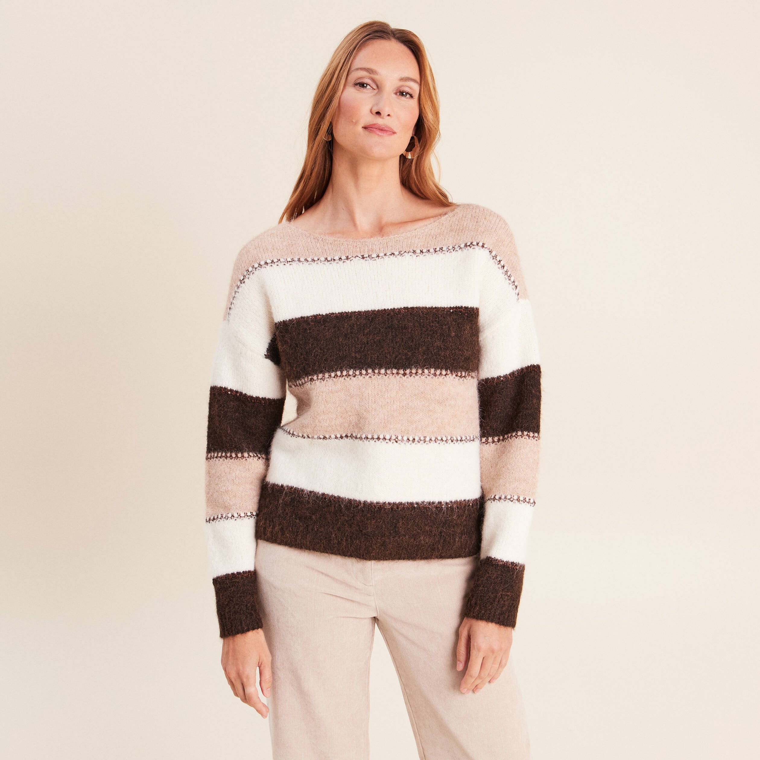 Pull col bateau marron femme