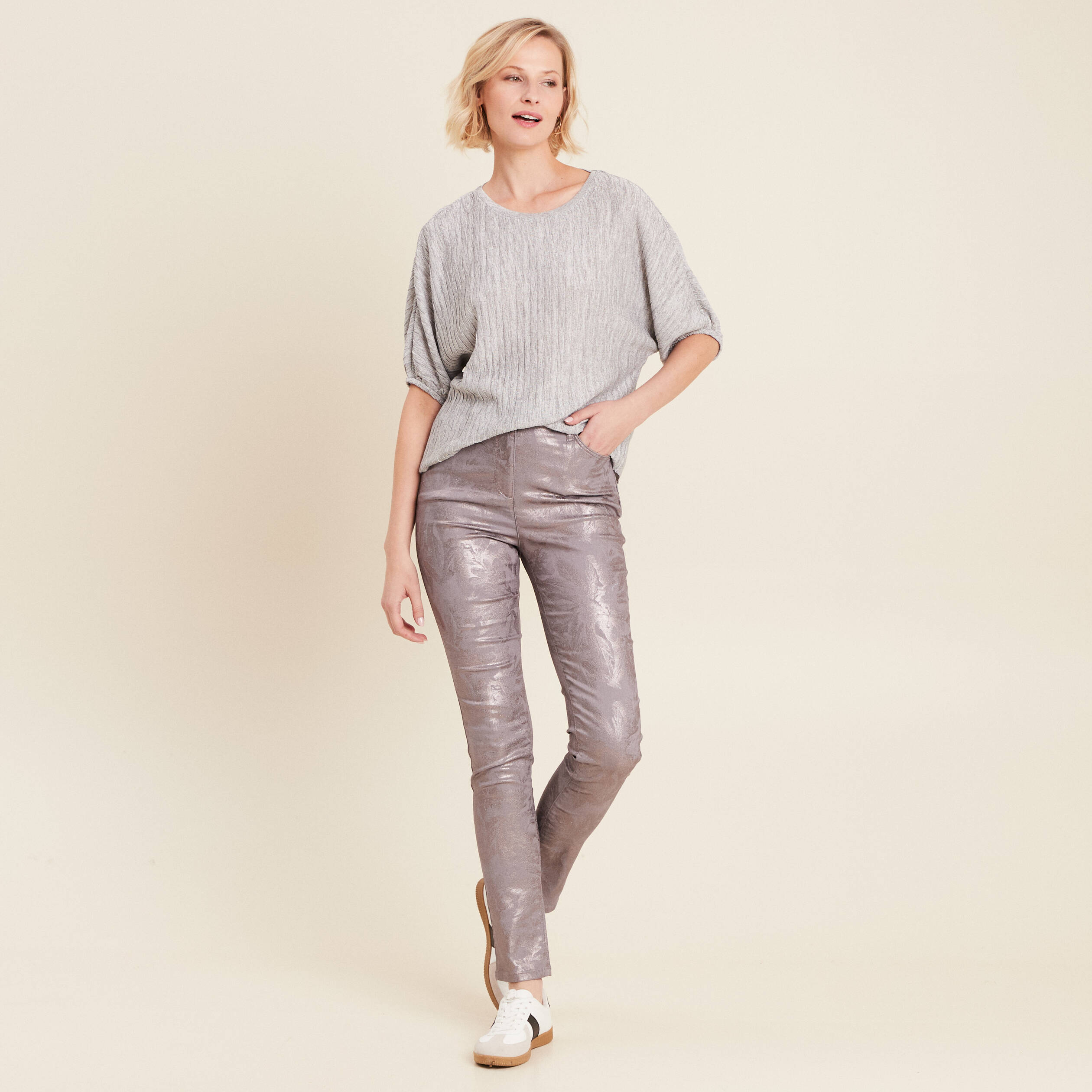 Blouse manches 3/4 plissée gris argent femme