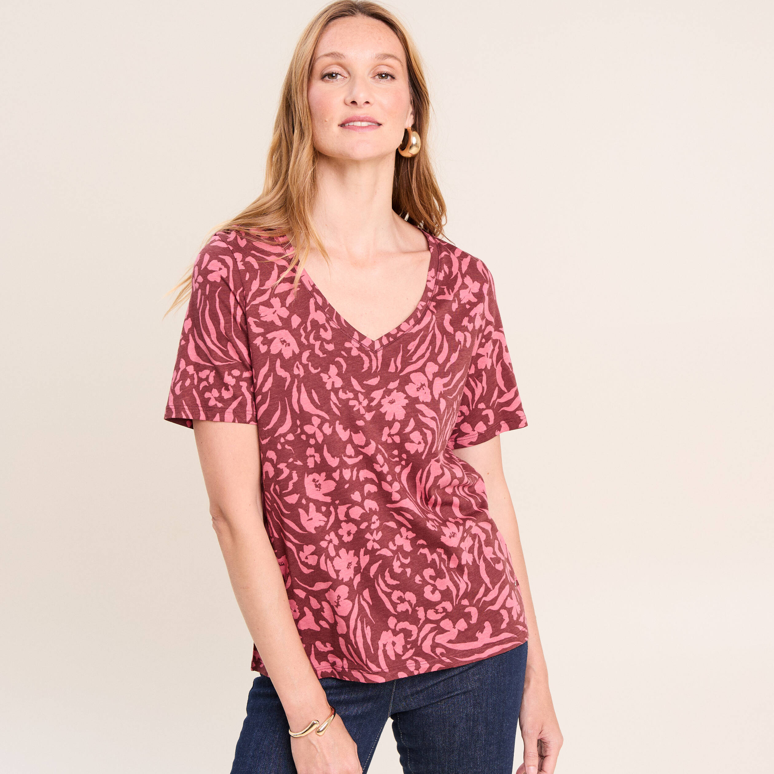 T-shirt col V manches courtes rose femme