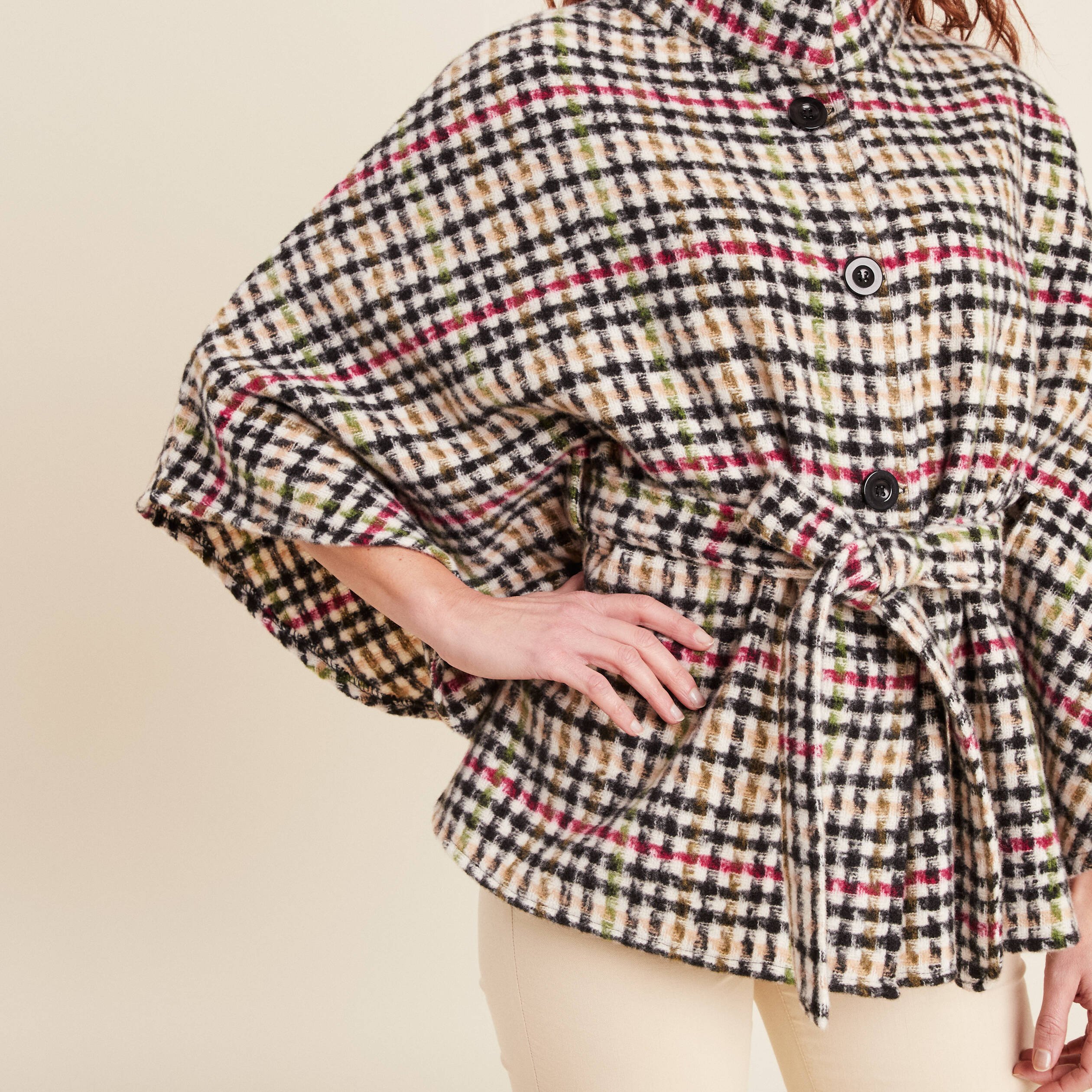 poncho ceinture boutonne multicolore femme Poncho ceinturé boutonné multicolore femme