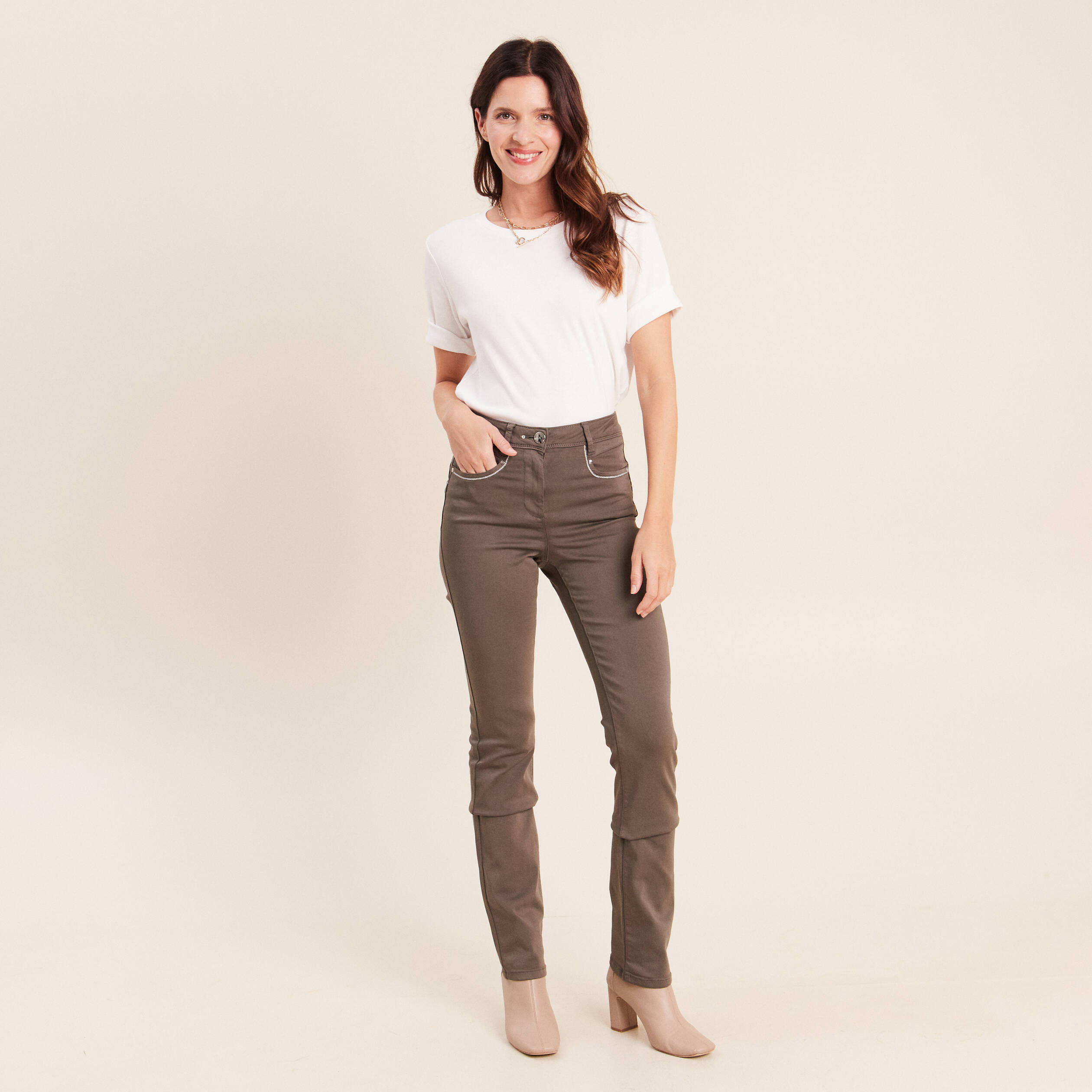 Pantalon droit taille haute vert kaki femme
