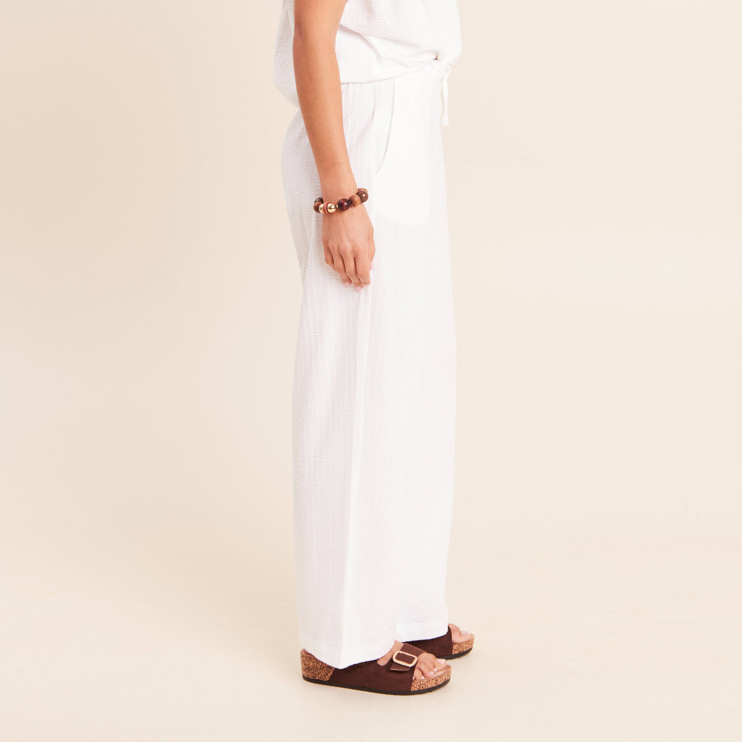 Pantalon large taille haute blanc femme