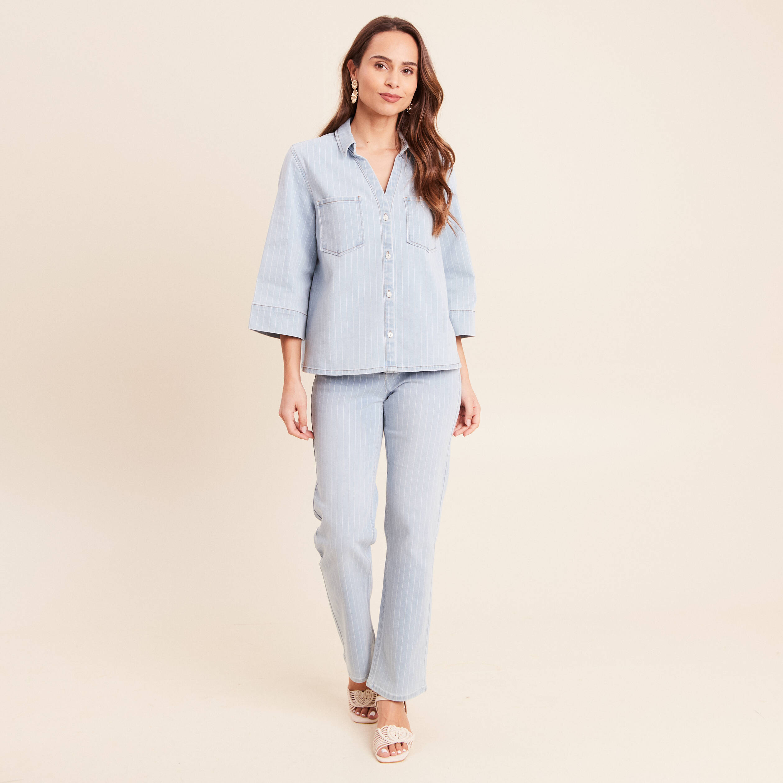 Chemise jean col chemise manches 3/4 blanc femme