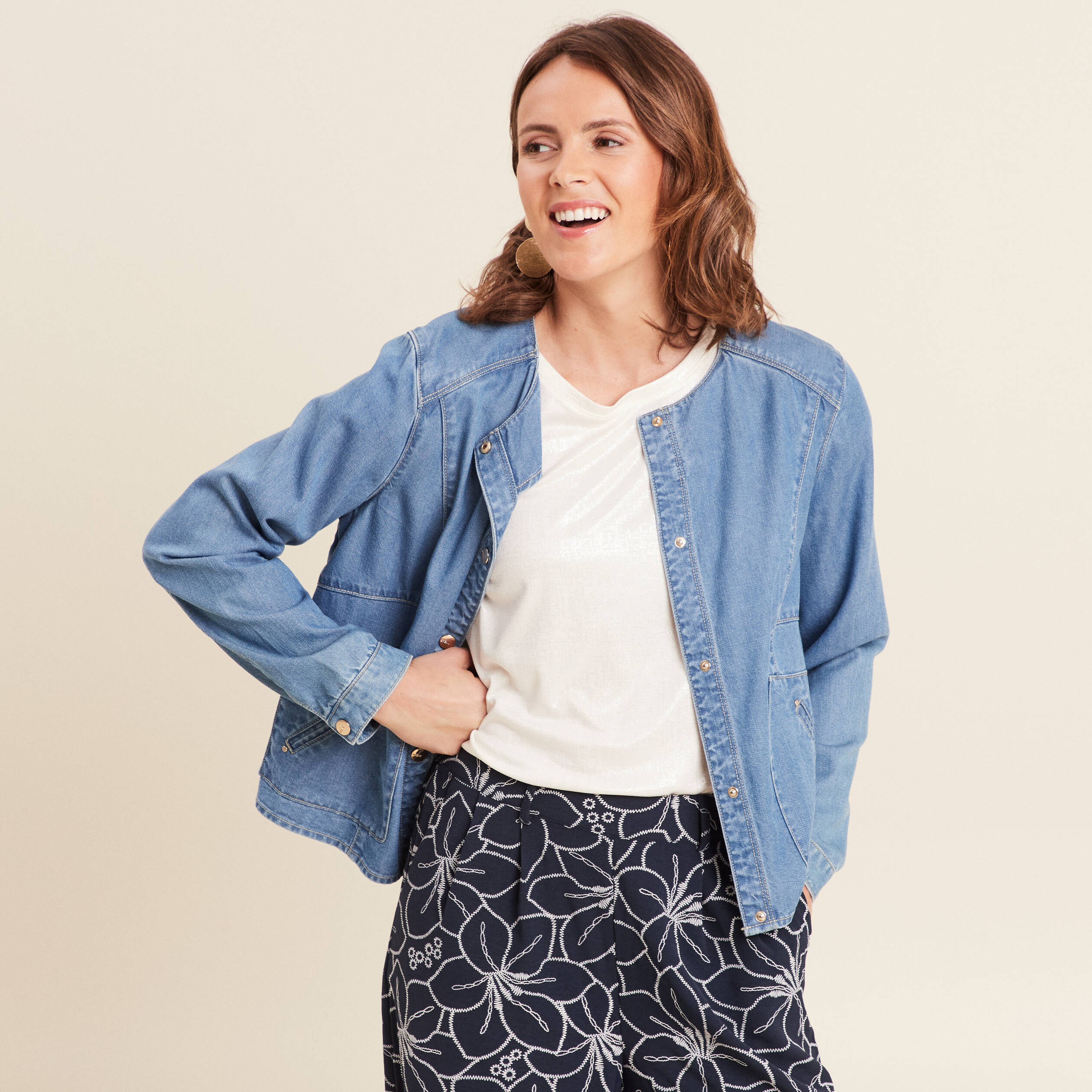 Blouson boutonné en jean denim double stone femme