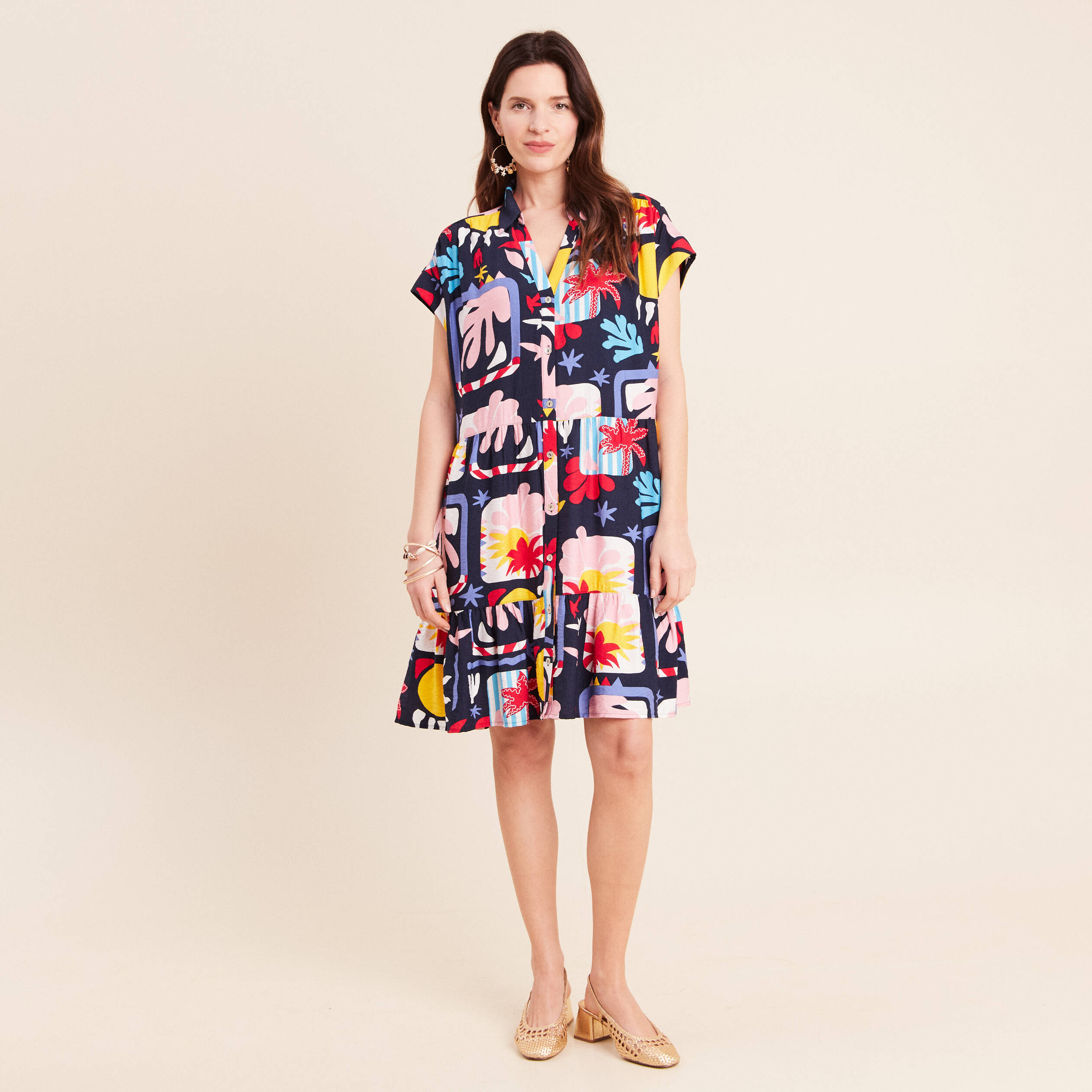 Robe courte &eacute;vas&eacute;e col chemise multicolore femme