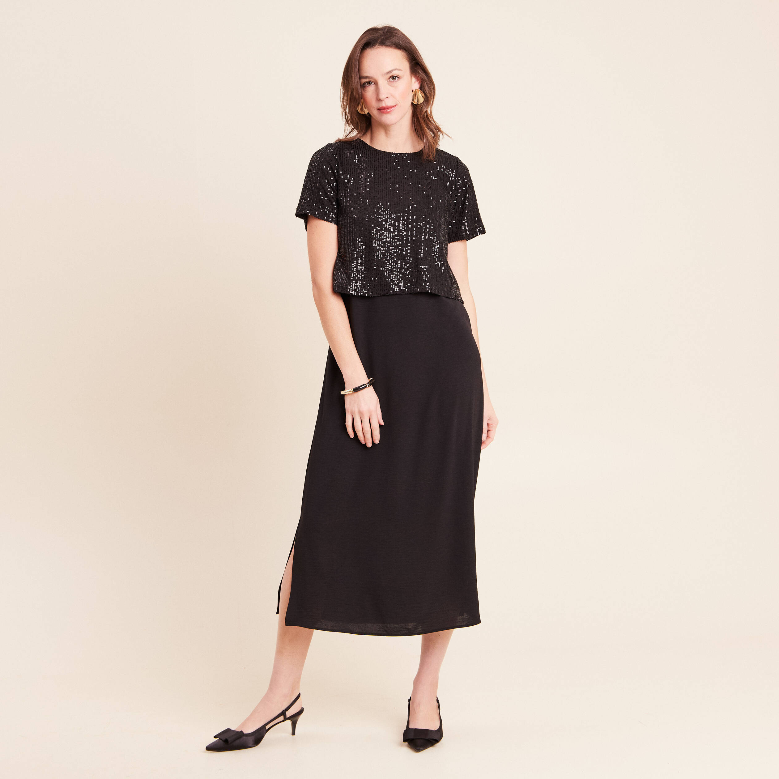 Robe longue &eacute;vas&eacute;e 2 en 1 col rond noir femme
