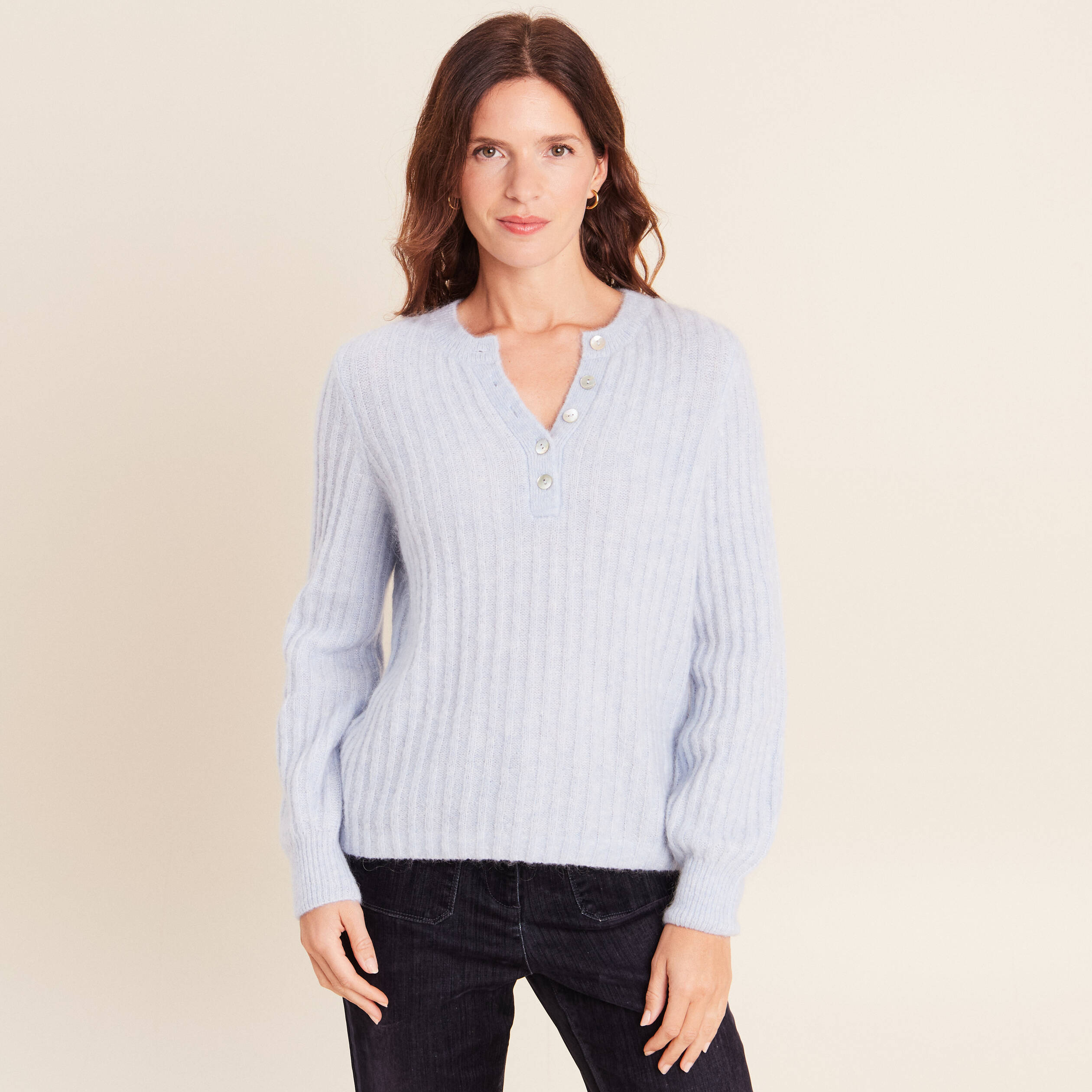 Pull col tunisien denim snow gris femme