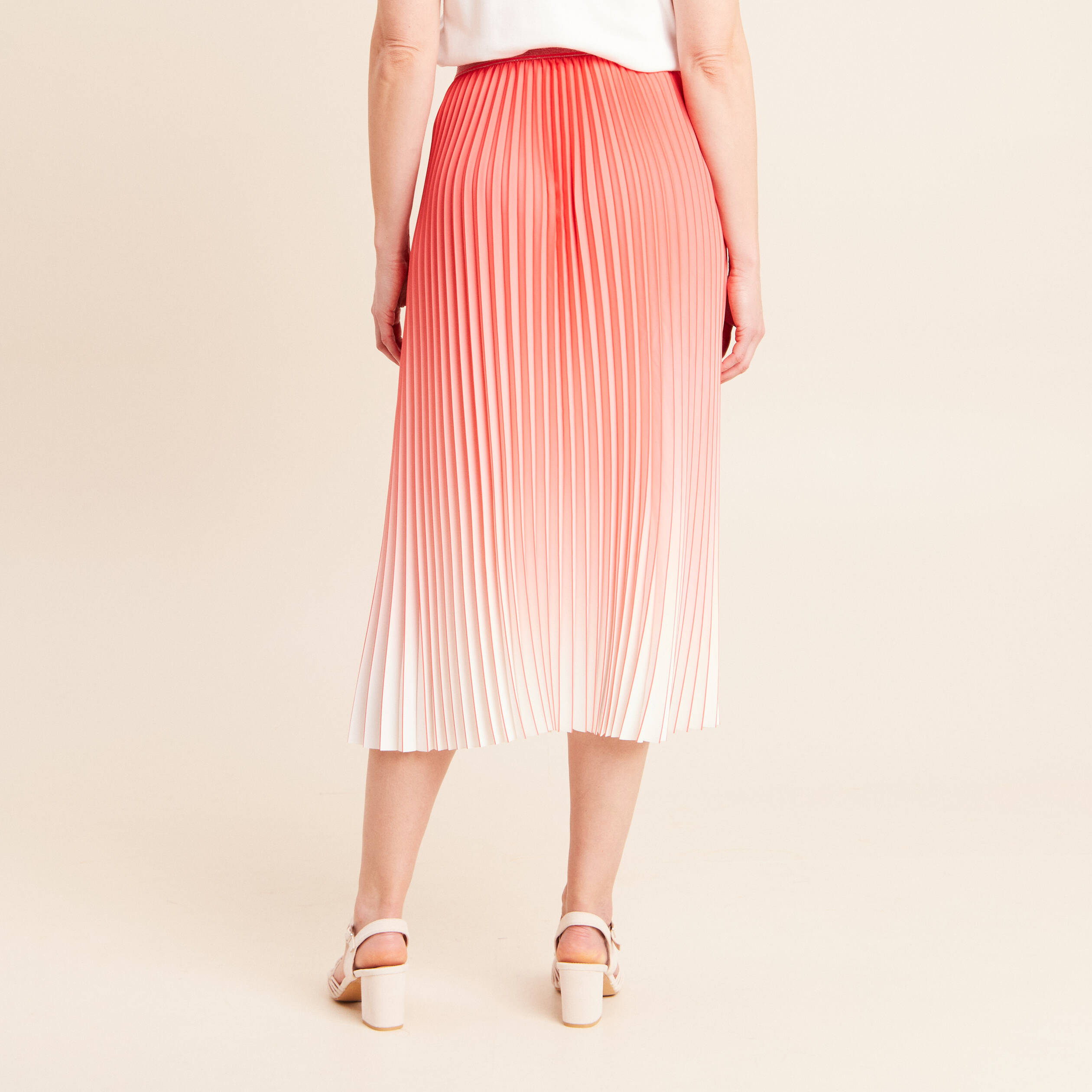 Jupe midi patineuse pliss&eacute;e rose vif femme