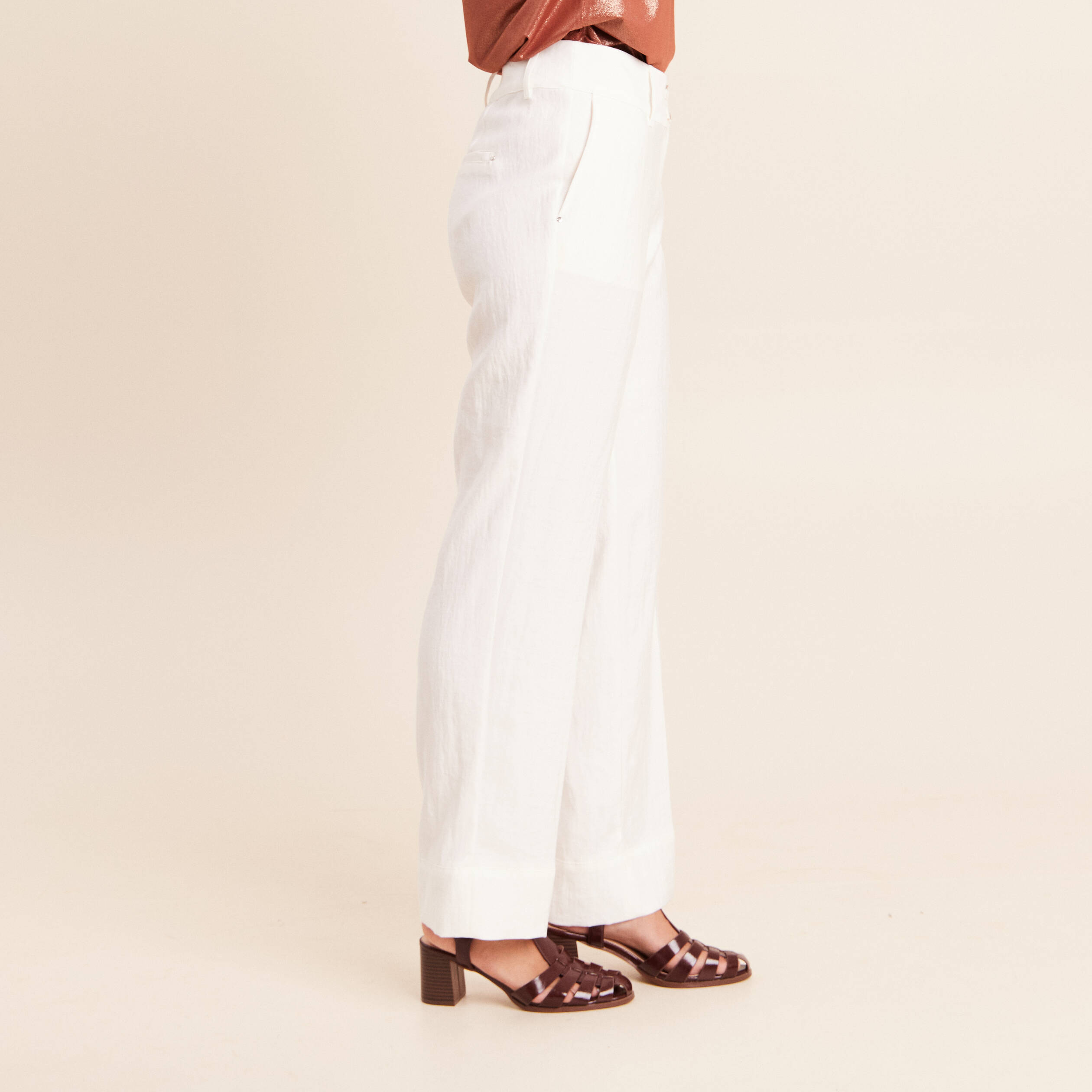 Pantalon coupe droite taille haute ecru femme