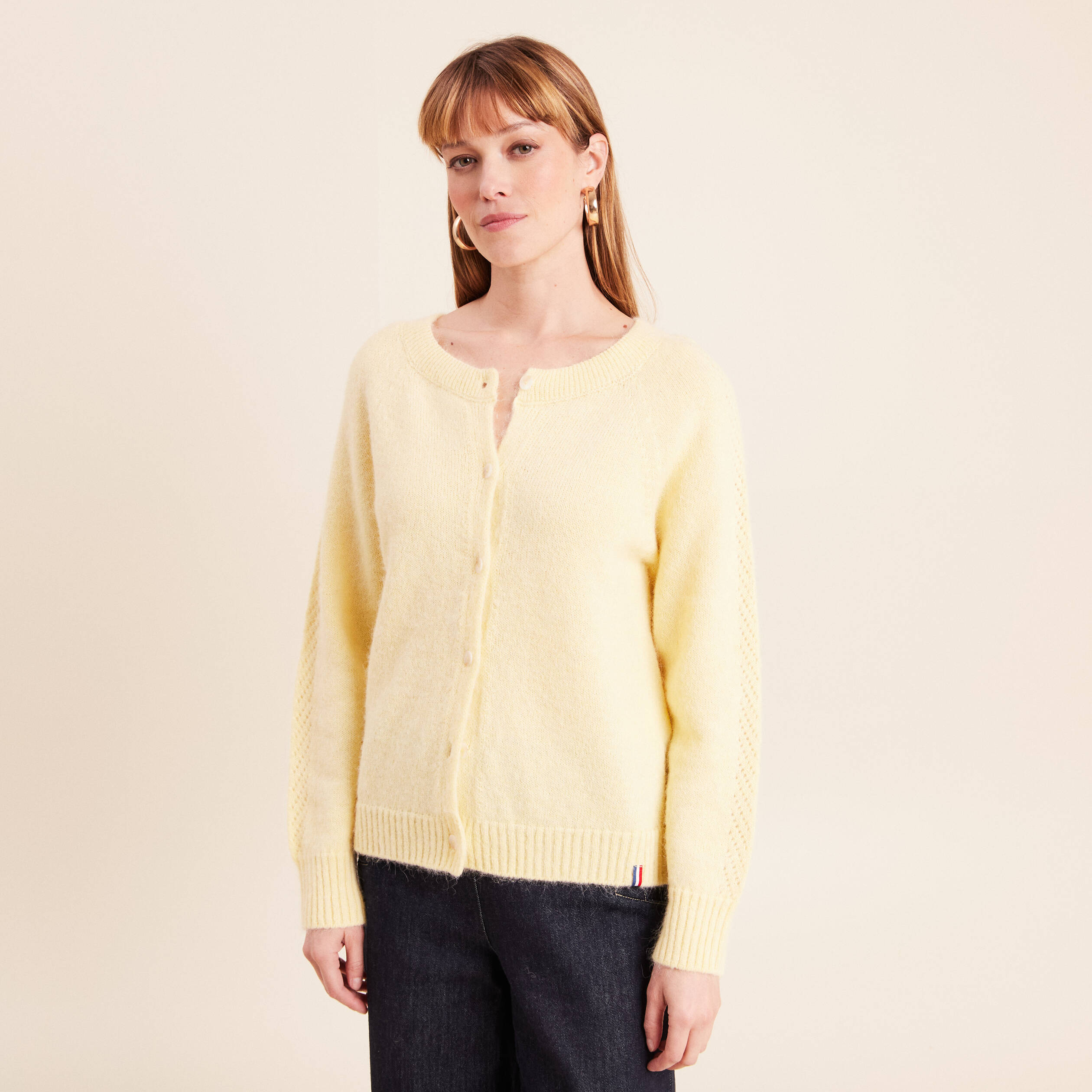 Gilet manches longues col rond jaune pastel femme