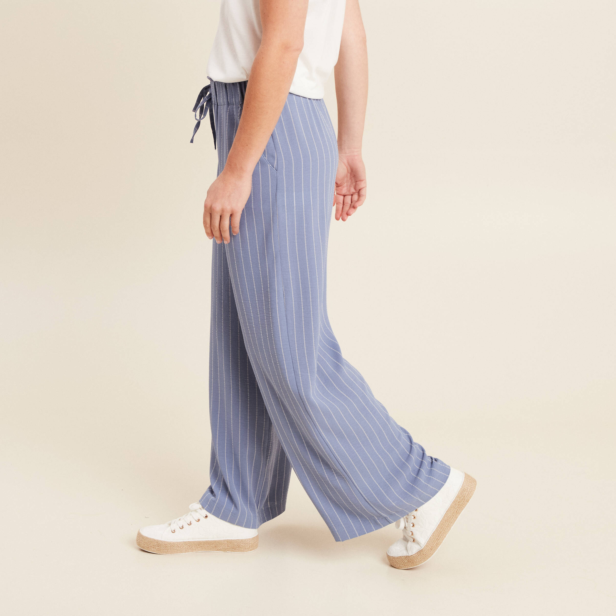 Pantalon large taille haute bleu ciel femme
