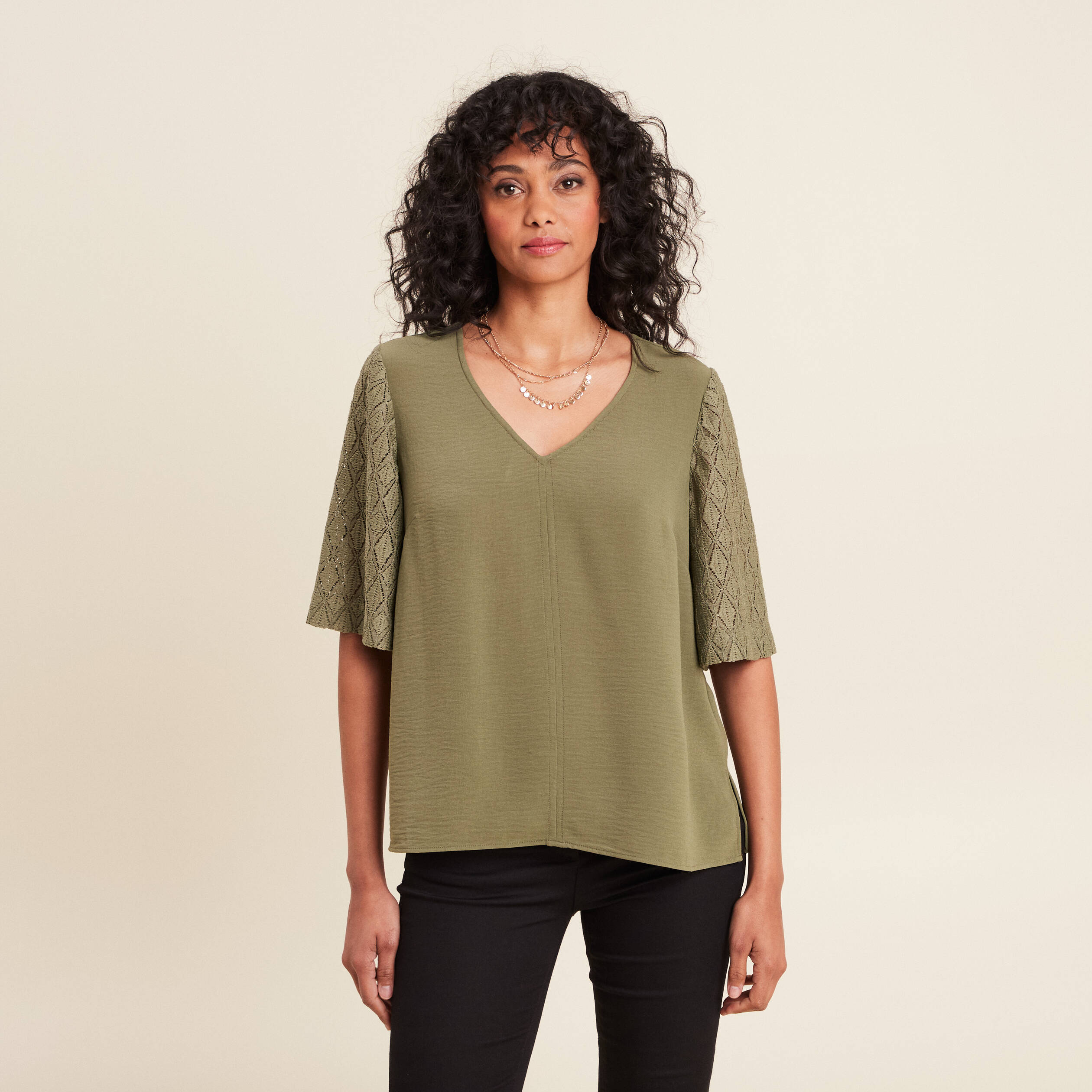 Blouse manches 3/4 vert kaki femme
