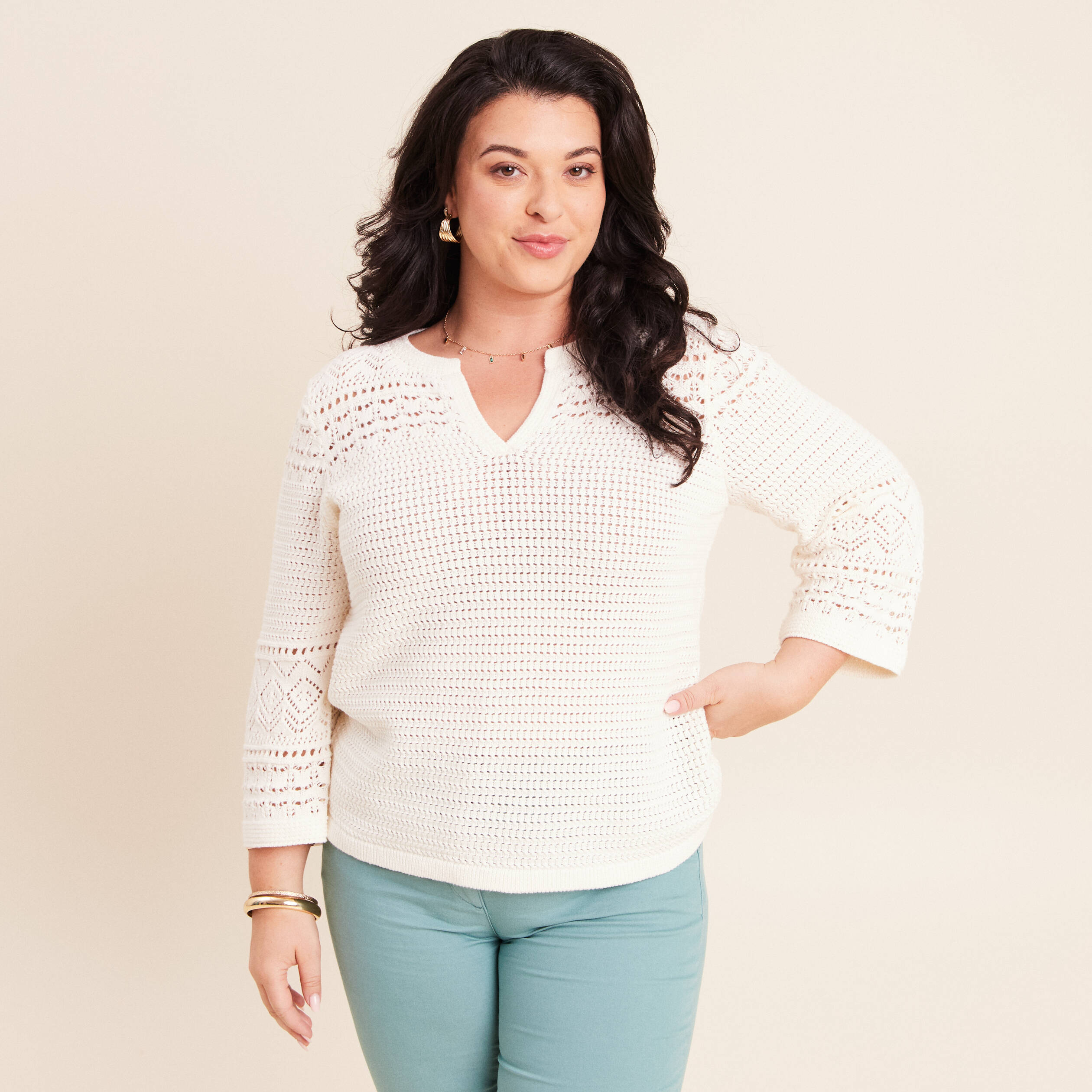 Pull col tunisien manches 3/4 ecru femme