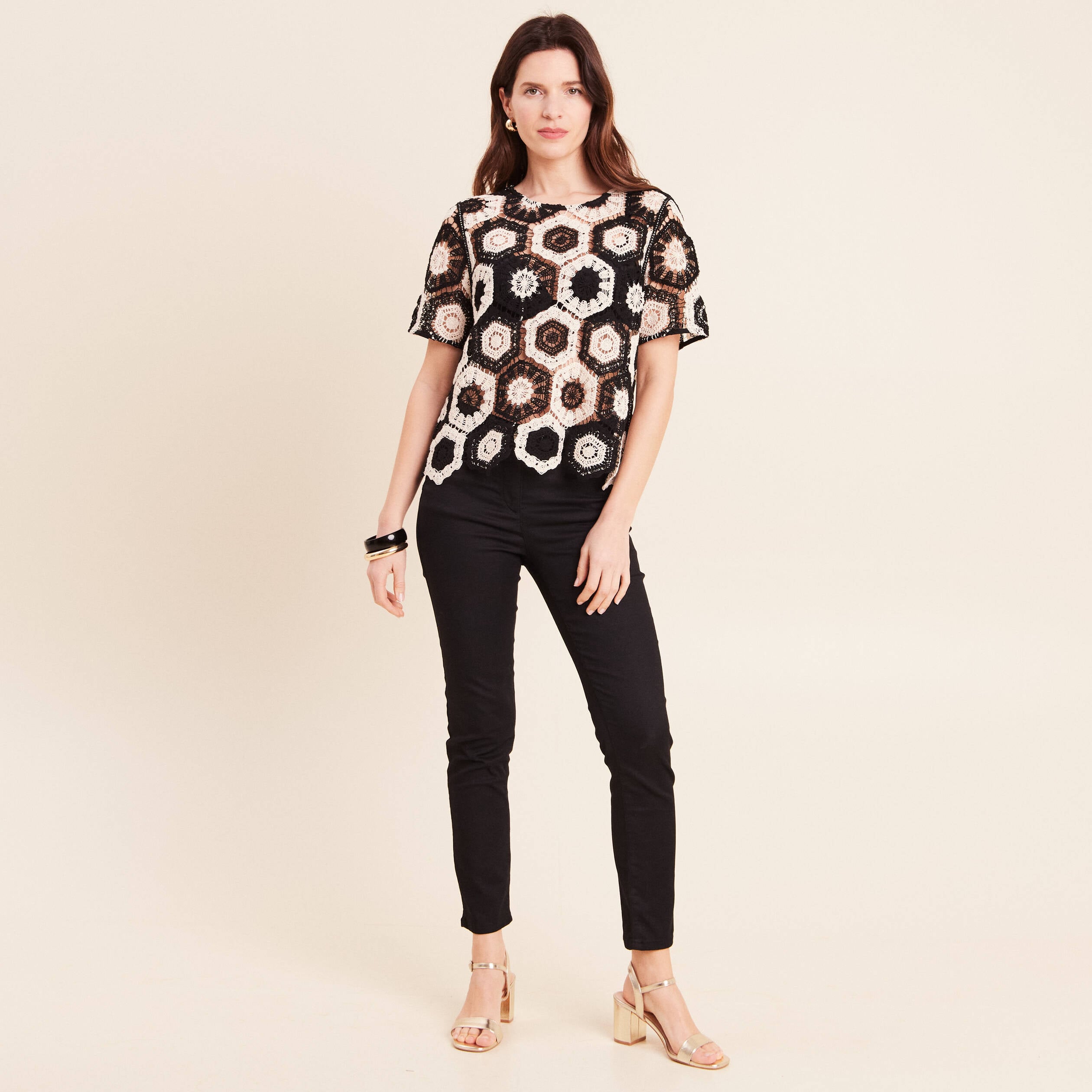 Blouse col rond manches courtes dentelle ecru femme