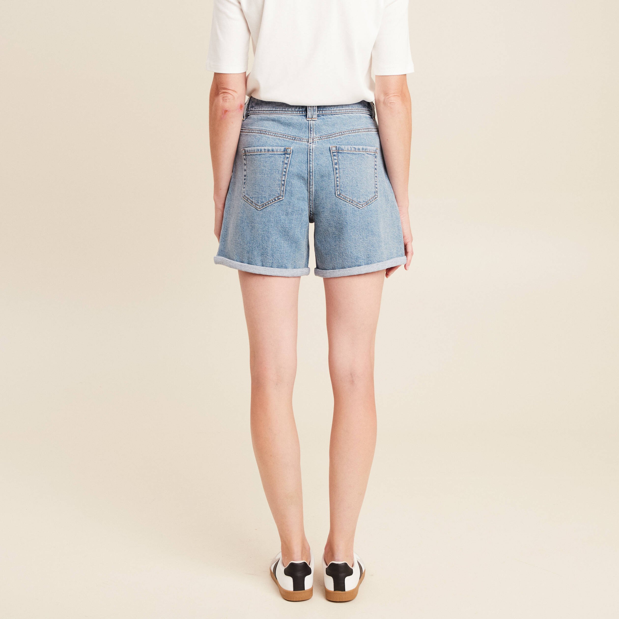 Short large taille haute en jean denim double stone femme