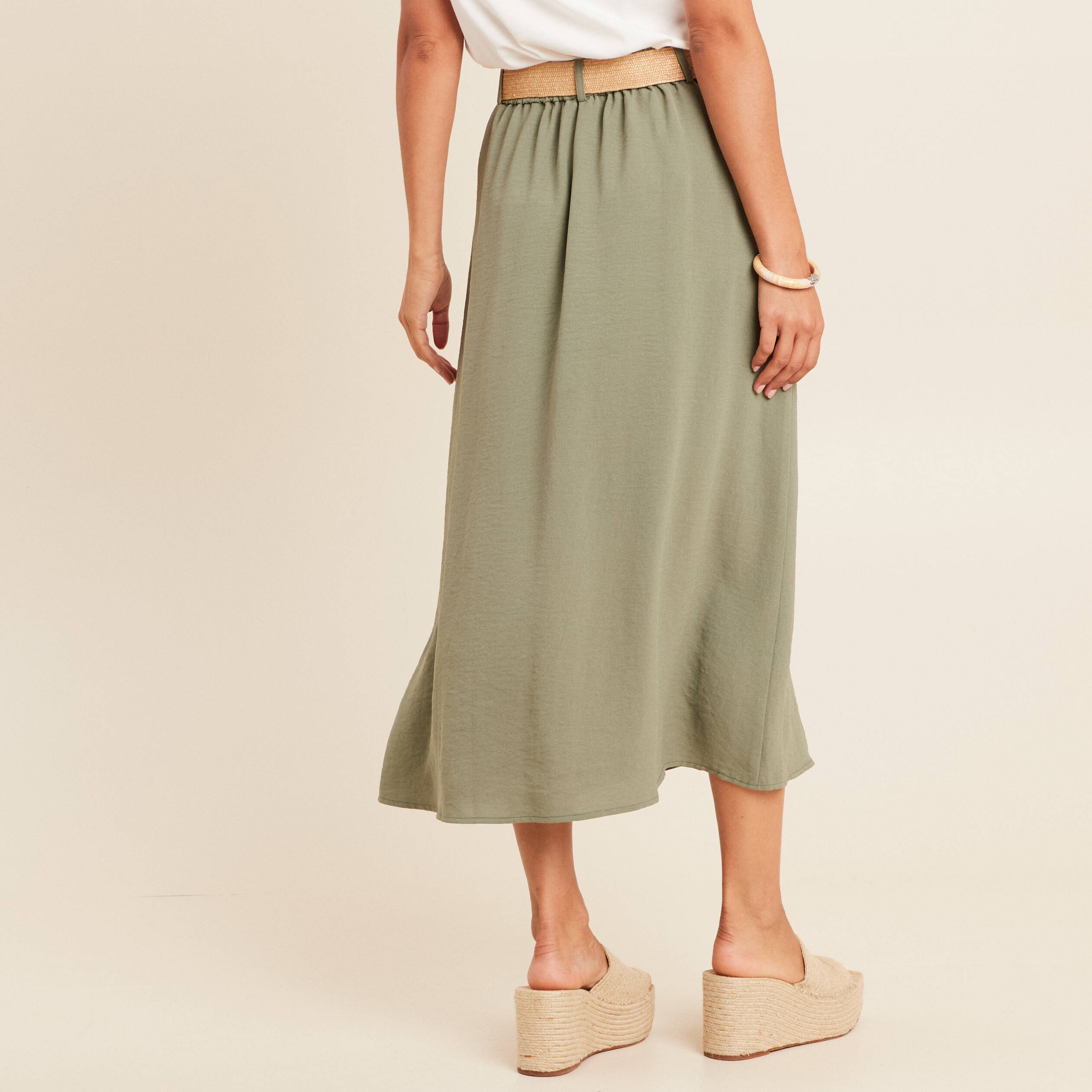 jupe longue evasee ceinture amovible vert kaki femme Jupe longue évasée ceinture amovible vert kaki femme