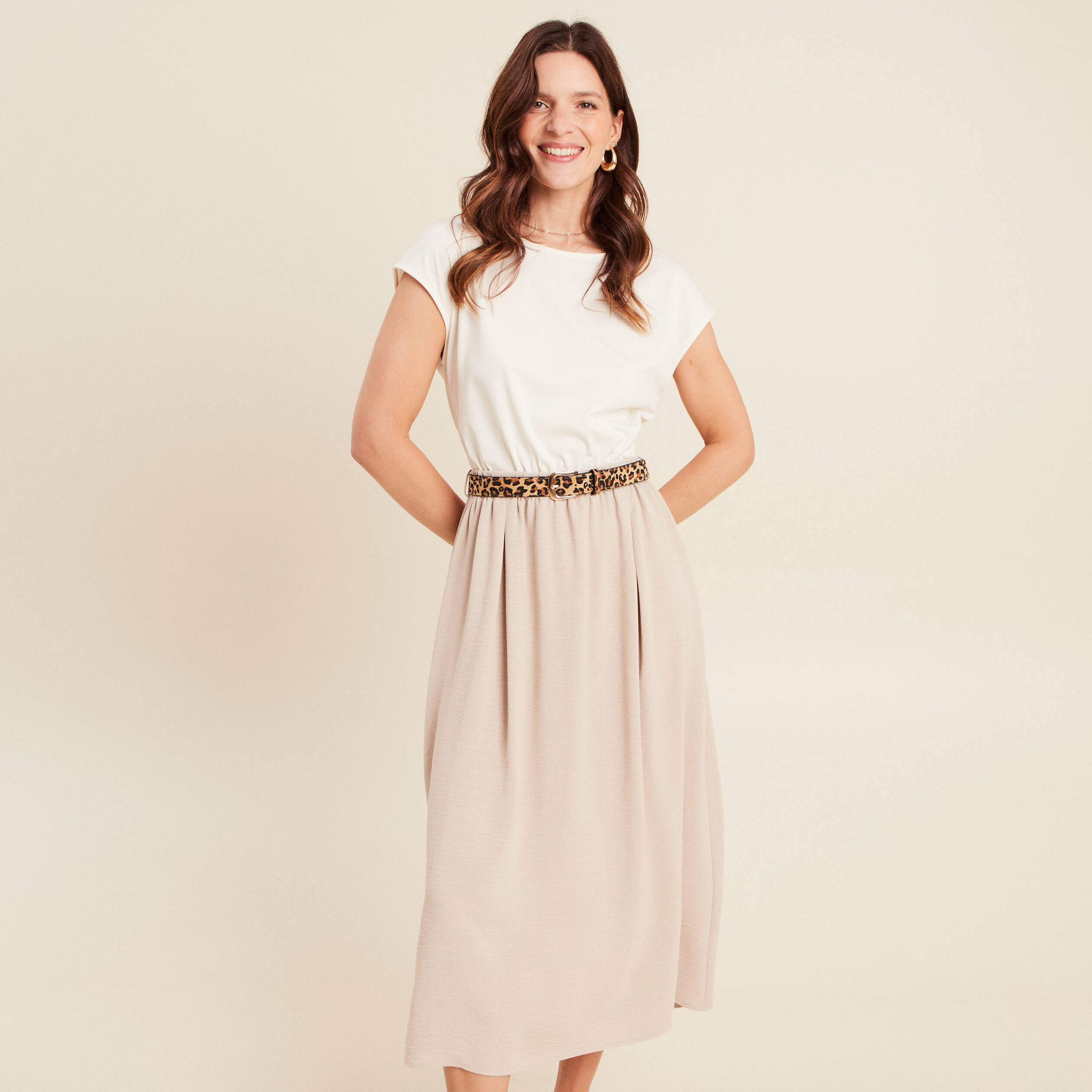 robe longue evasee bi matiere ecru femme Robe longue évasée bi-matière ecru femme