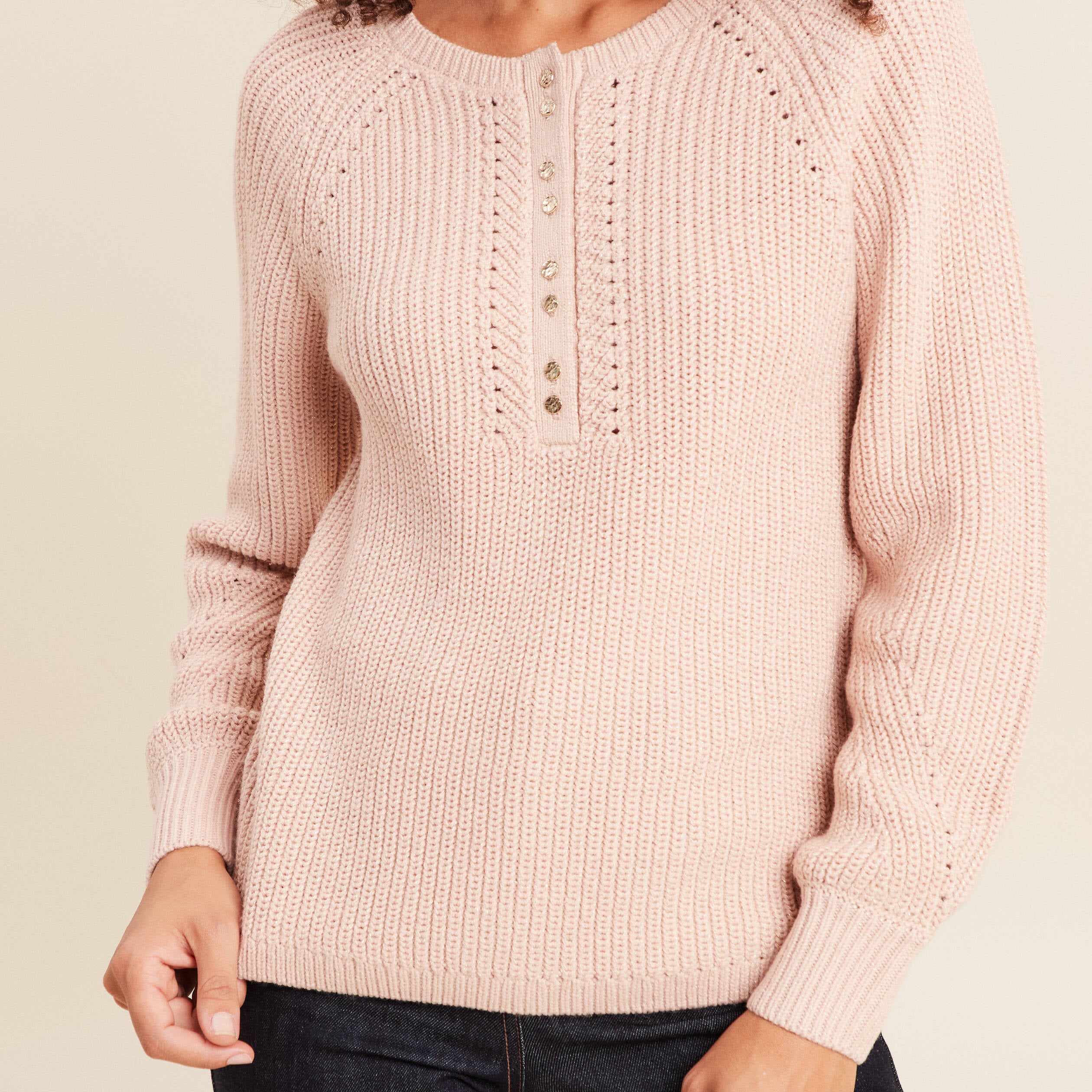 Pull col tunisien manches longues vieux rose femme