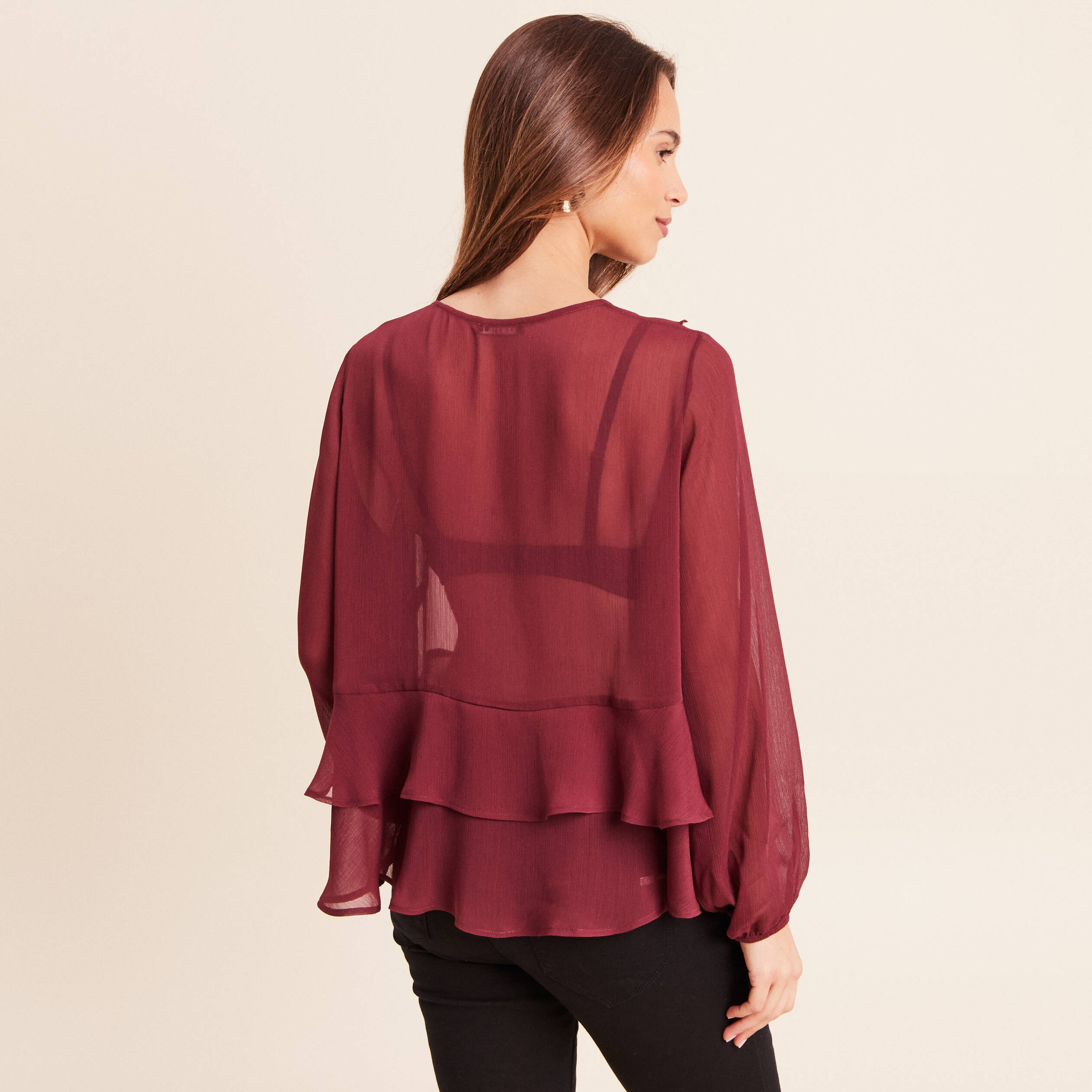 Blouse ample en voile manches longues prune femme