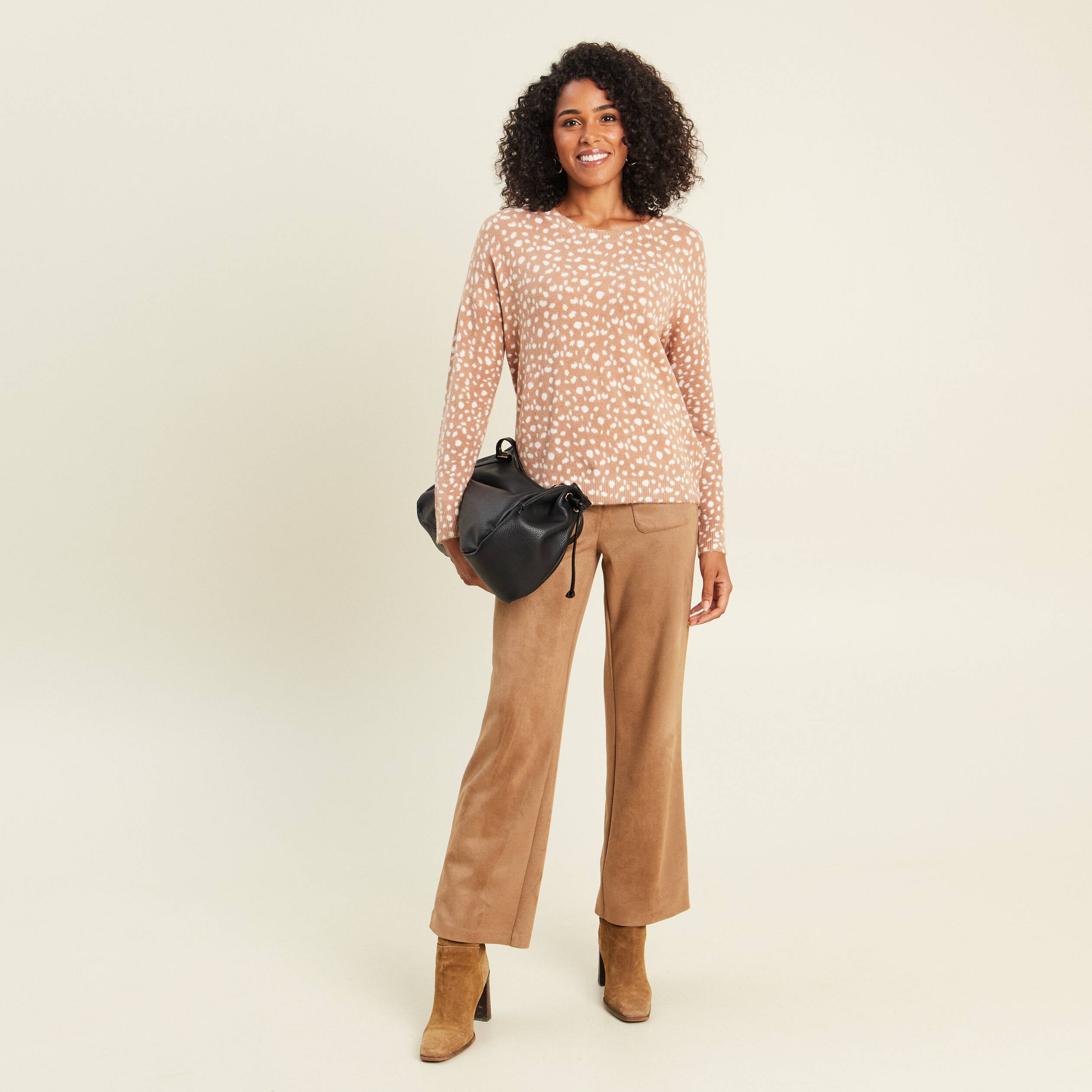 Pull droit col rond manches longues marron femme