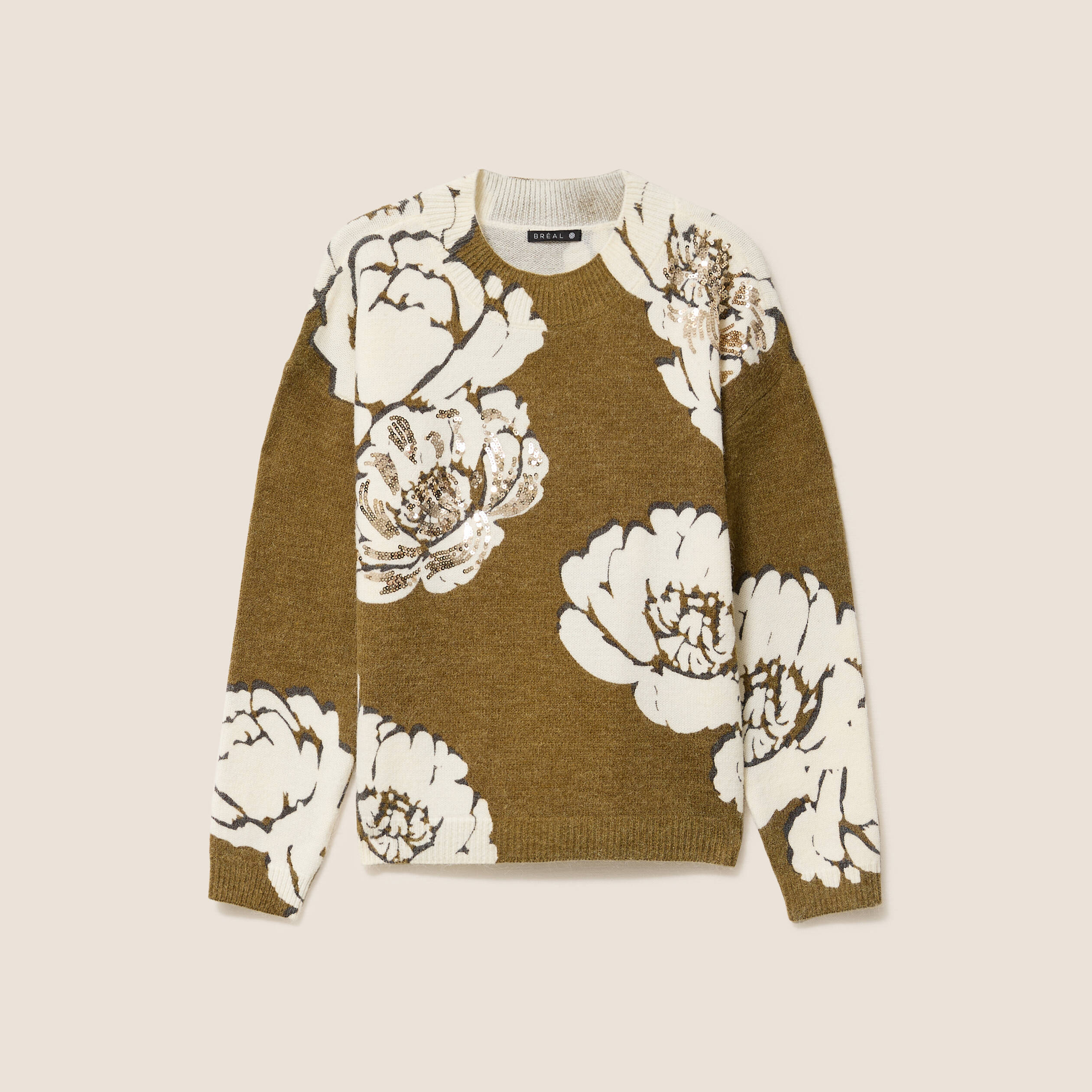 Pull col rond manches longues à sequins vert femme Bréal