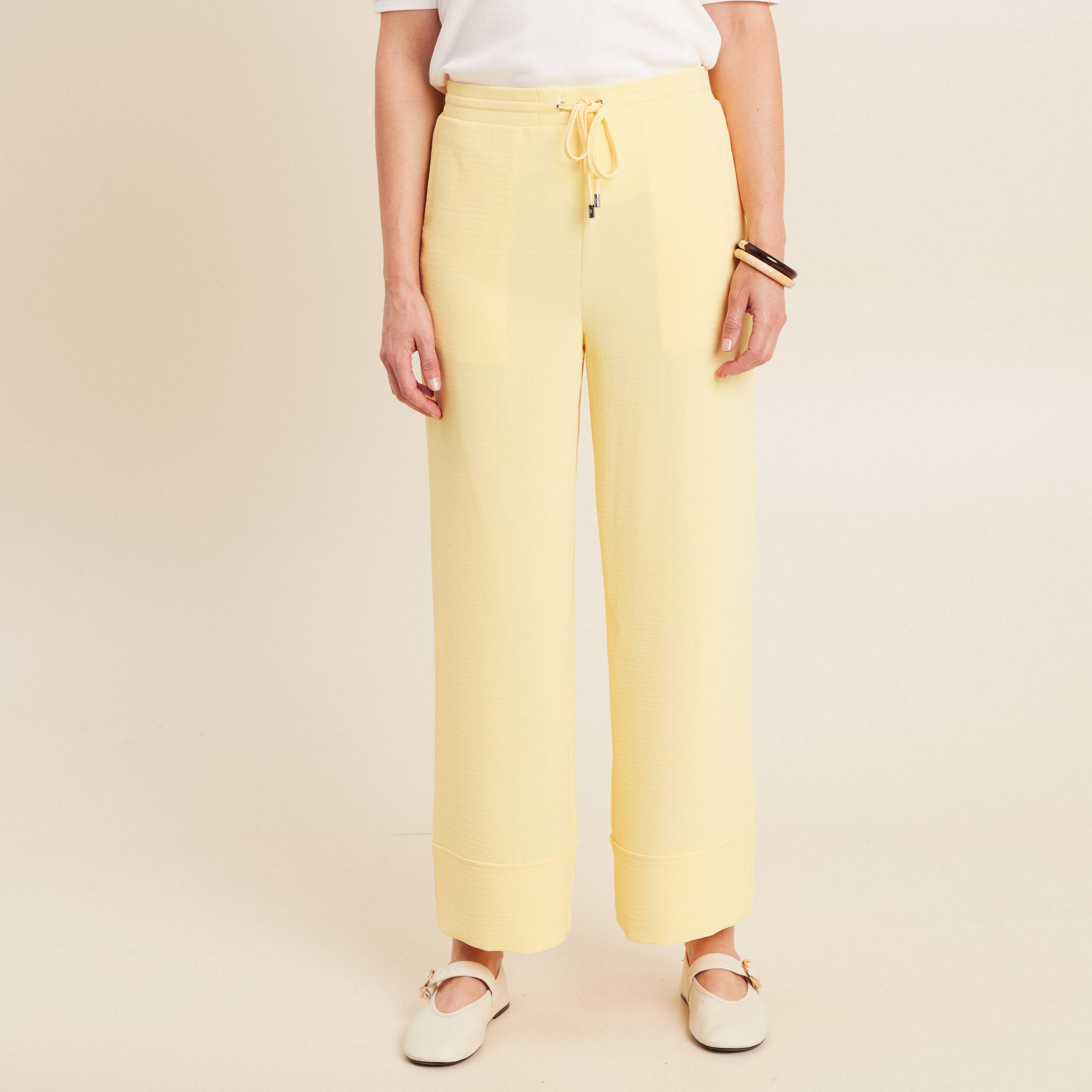 Pantalon large taille haute jaune pastel femme