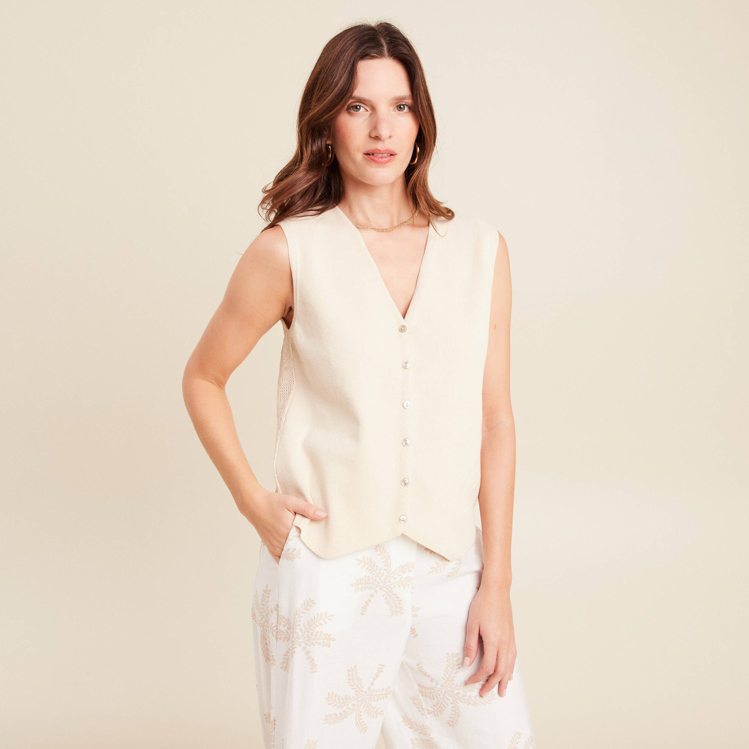 Gilet manches courtes ajouré beige clair femme | Morgan