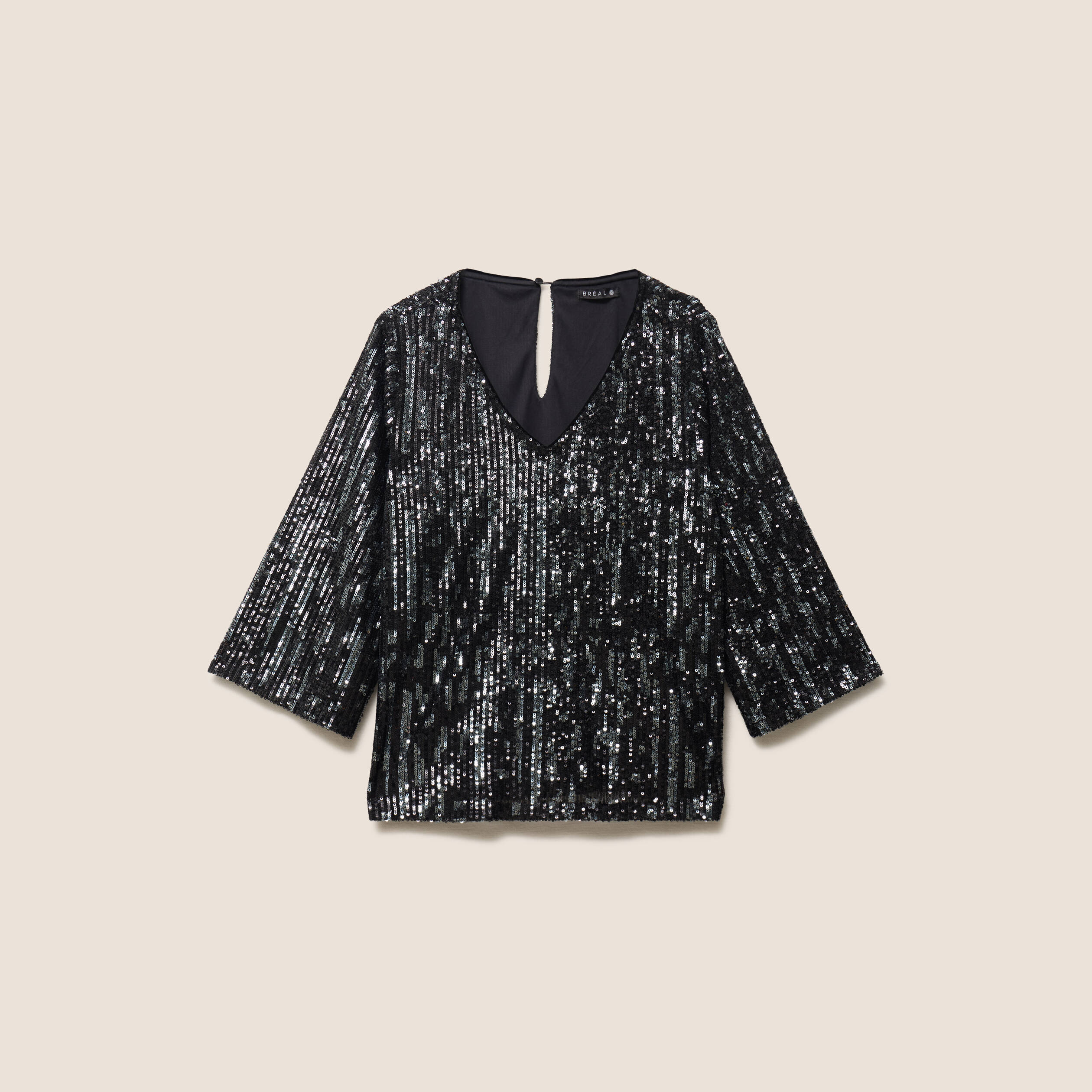 Blouse col v manches 3/4 &agrave; sequins gris fonc&eacute; femme